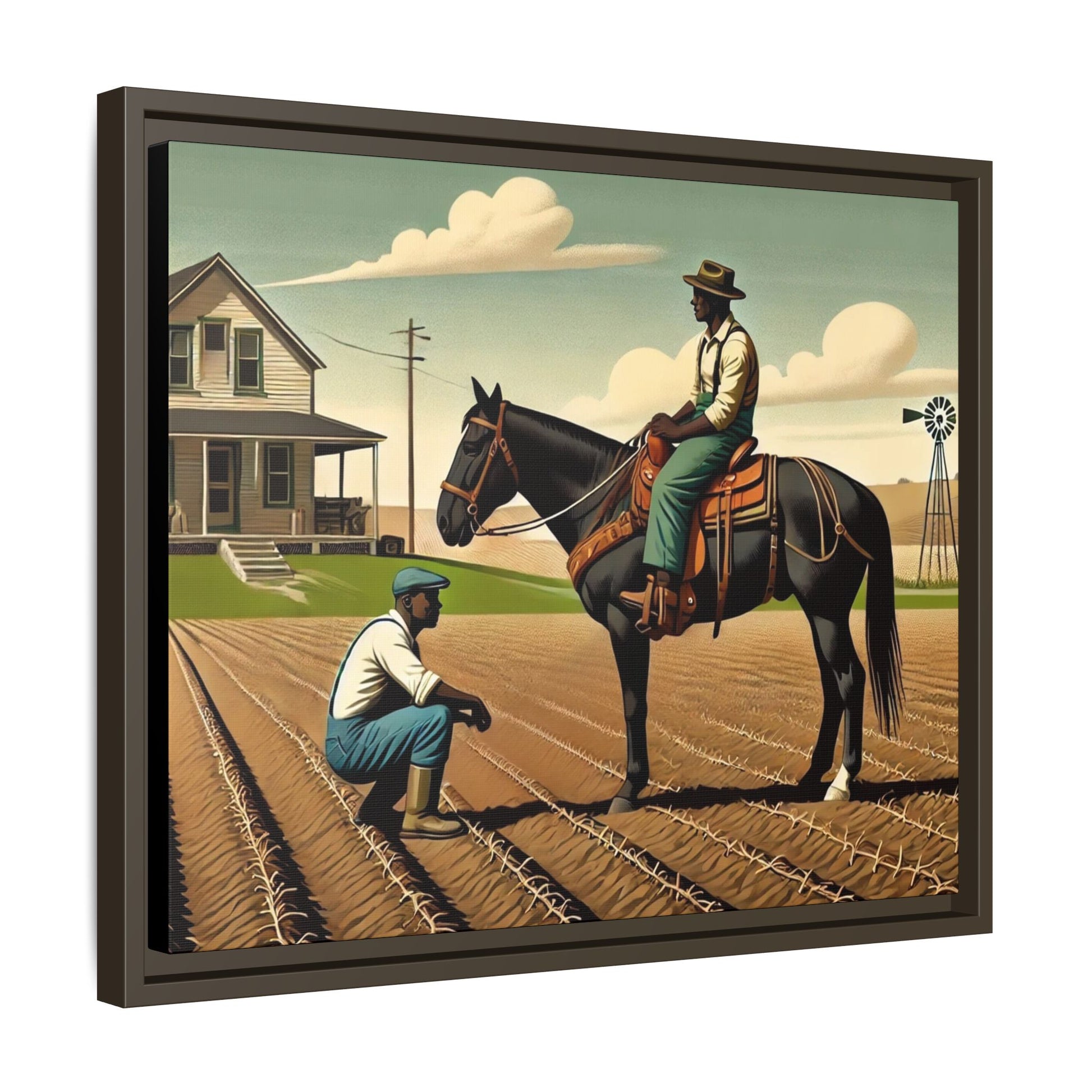 Artwork of an African American queer couple working together on a farm in a serene, vintage-inspired landscape. One man sits on horseback, gazing warmly at his partner, who examines the soil, symbolizing their partnership in both love and labor. The scene captures resilience, companionship, and the beauty of rural life.