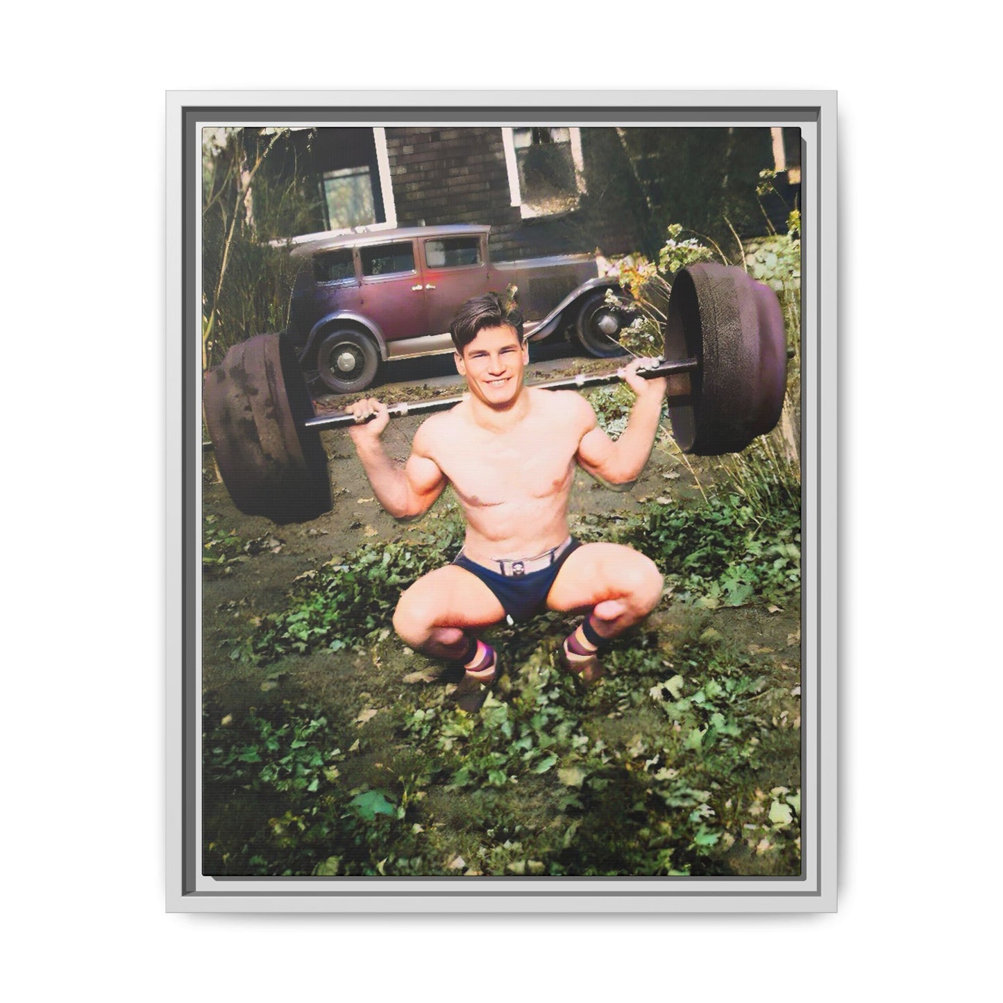 A restored 1934 vintage portrait of Wayne in Lake Forest, Illinois. This framed matte canvas captures strength, charm, and small-town American heritage. Gay Body Builder