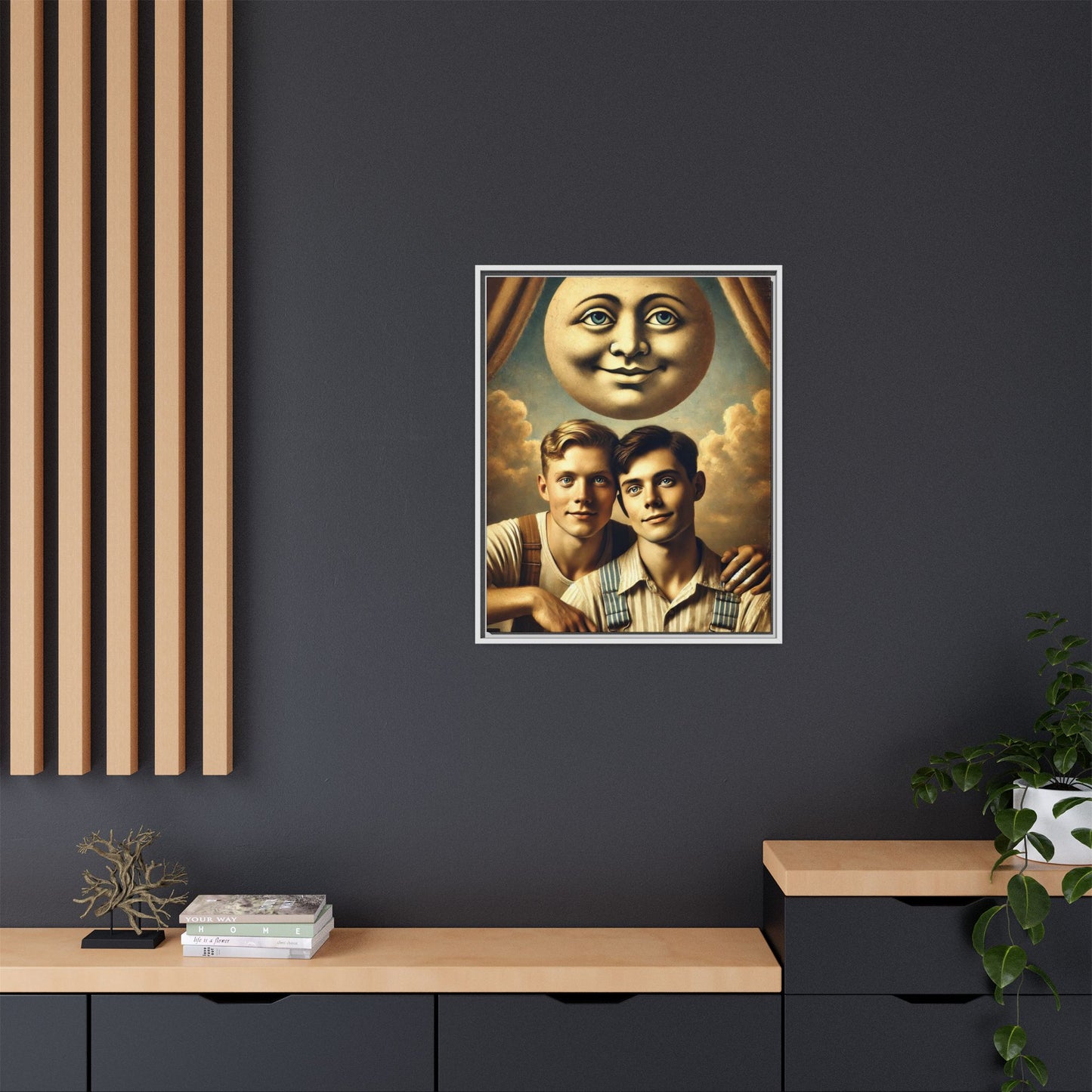 Framed matte canvas portrait featuring two young men in vintage overalls with a crescent moon prop above them. This artwork from the Missing Art Studies series reclaims LGBTQ+ imagery that may have been lost to bias, presenting warmth, intimacy, and presence.