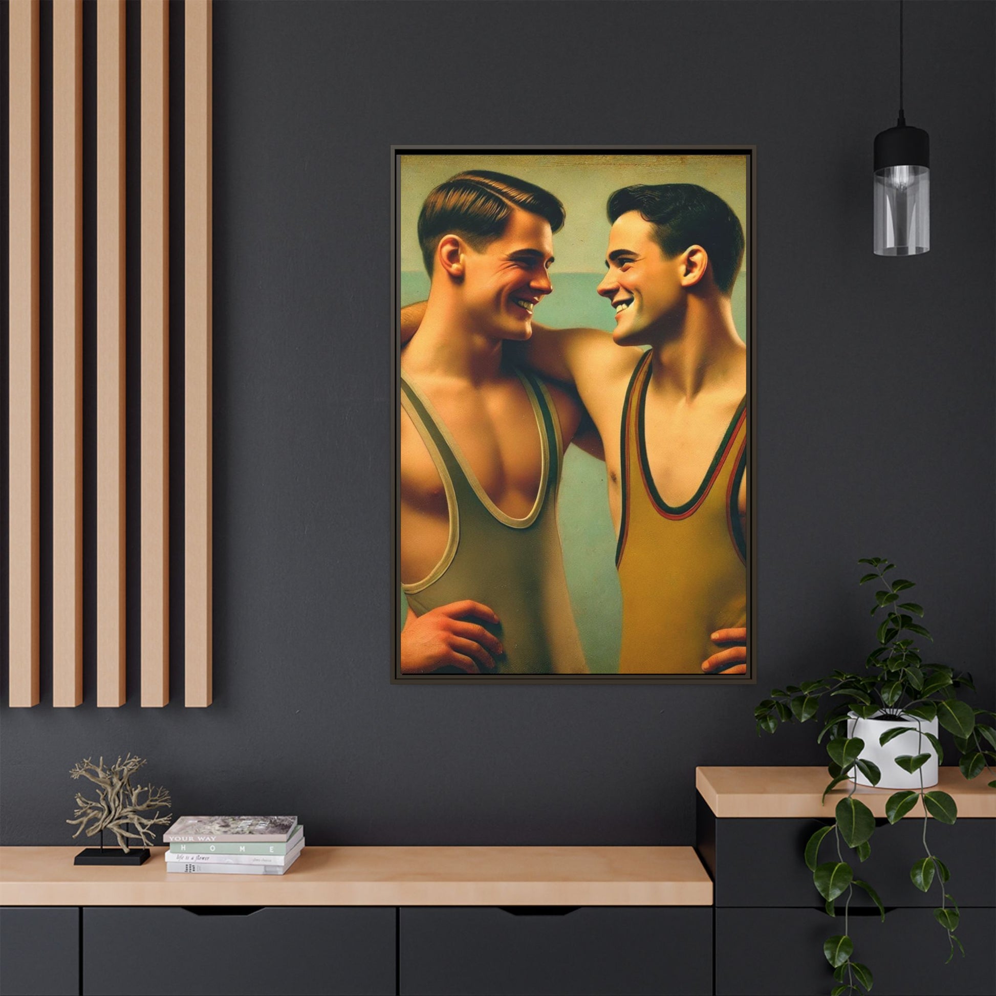 Framed artwork of two young wrestlers in vintage singlets sharing a candid moment, inspired by Grant Wood's Regionalist art style.