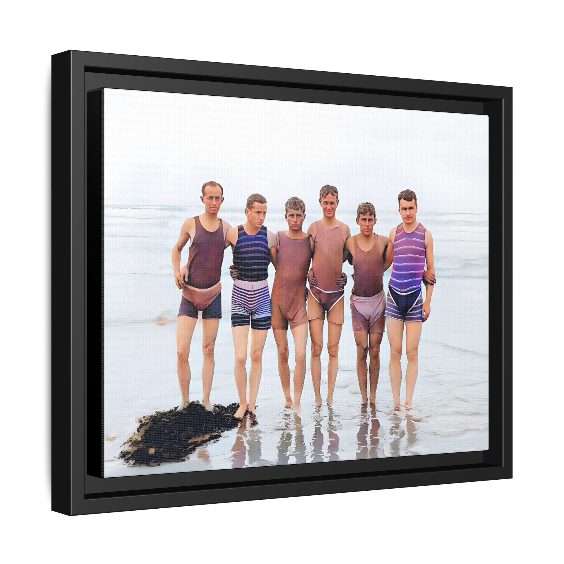 A framed vintage beach portrait on matte canvas featuring a joyful group at Herring Cove Beach, Provincetown, capturing timeless summer camaraderie.
