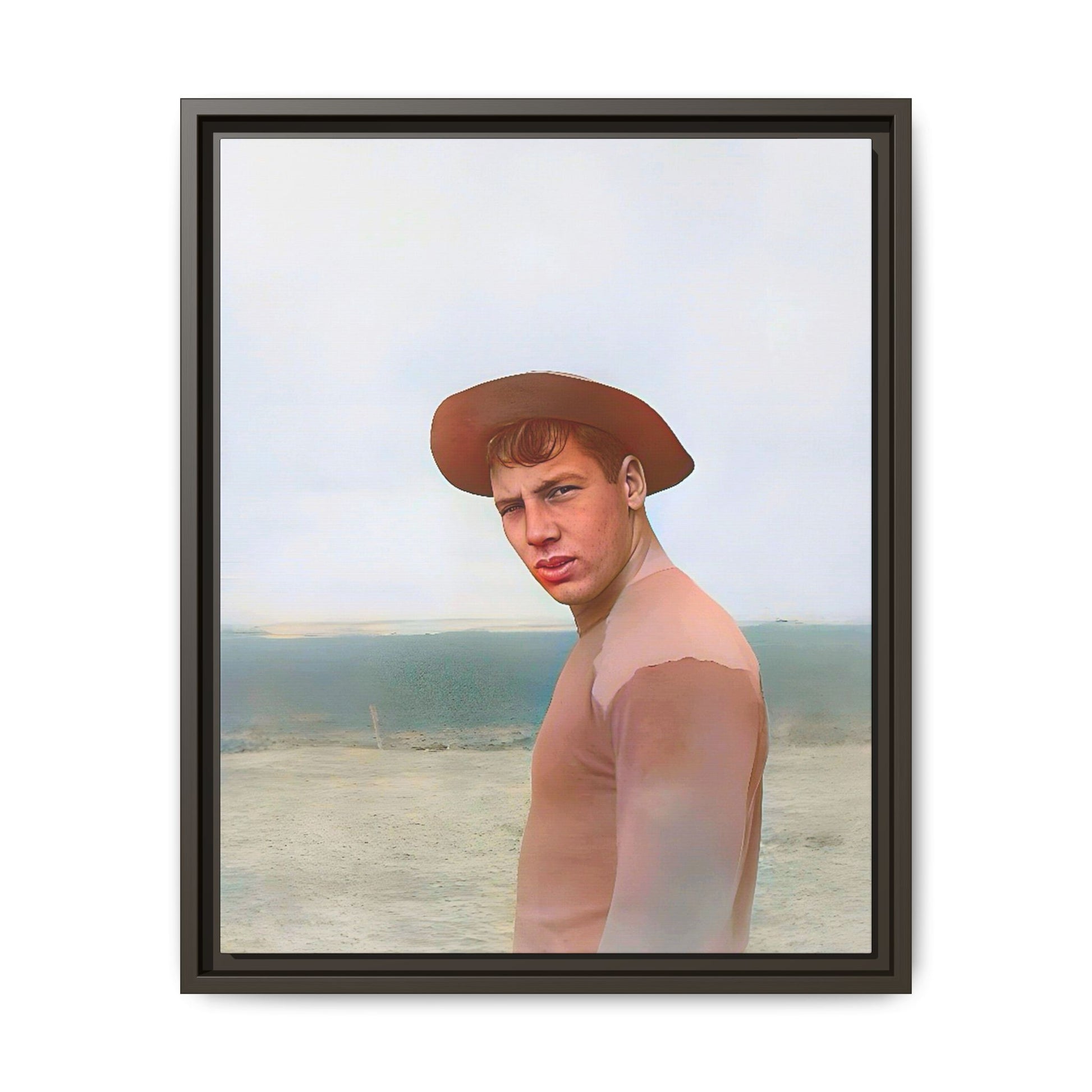 A framed vintage portrait on matte canvas featuring Victor at Cannon Beach, Oregon, capturing the rugged beauty of coastal life.