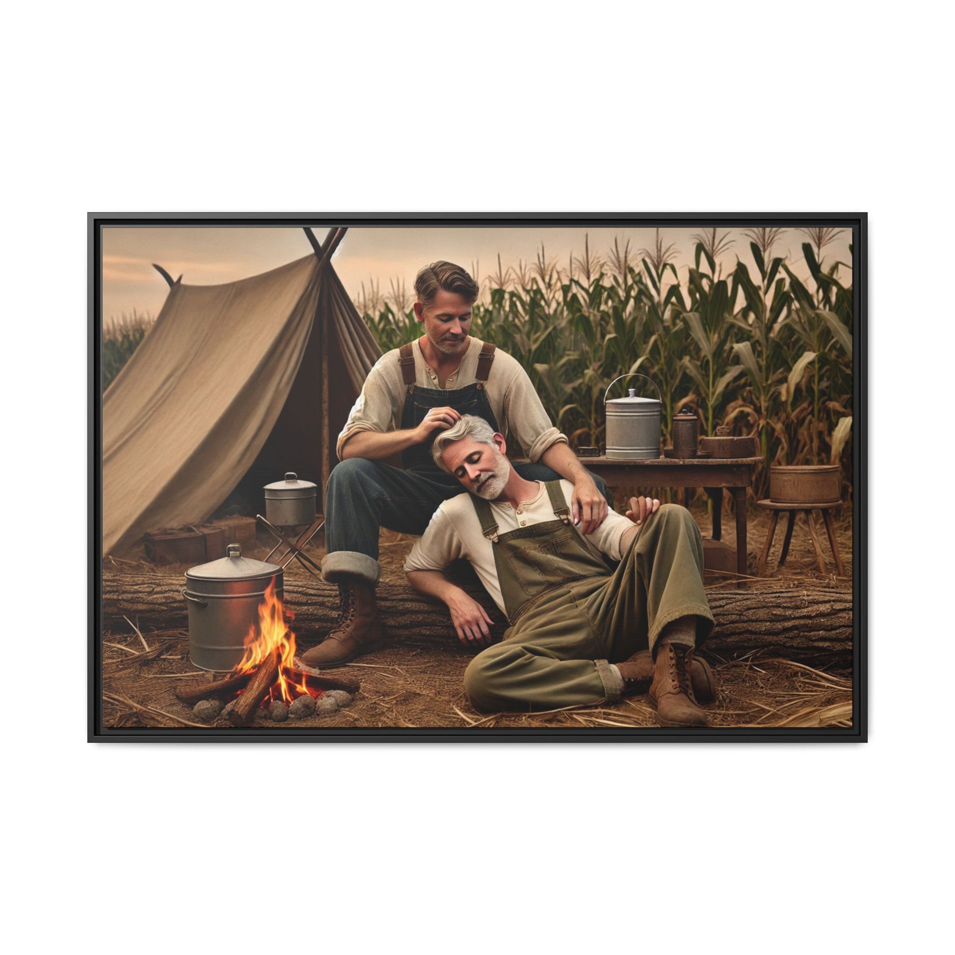 Older queer couple sharing a tender moment by the campfire, celebrating love