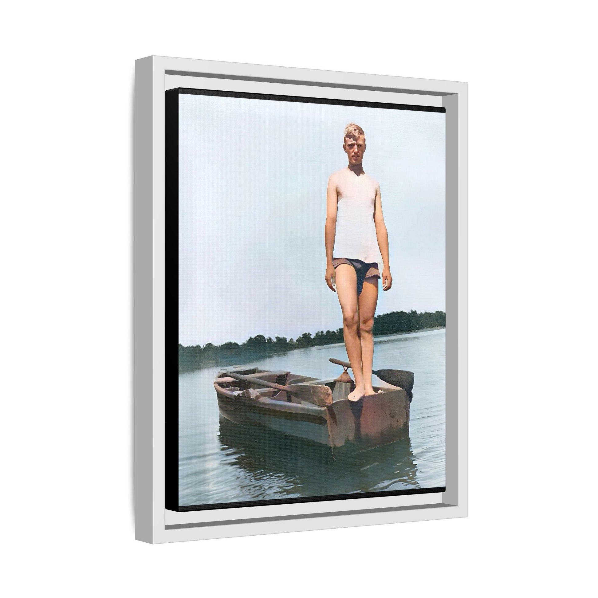 A framed vintage lake portrait on matte canvas featuring George standing on a rowboat at Creve Coeur Lake, Missouri, capturing timeless outdoor nostalgia.