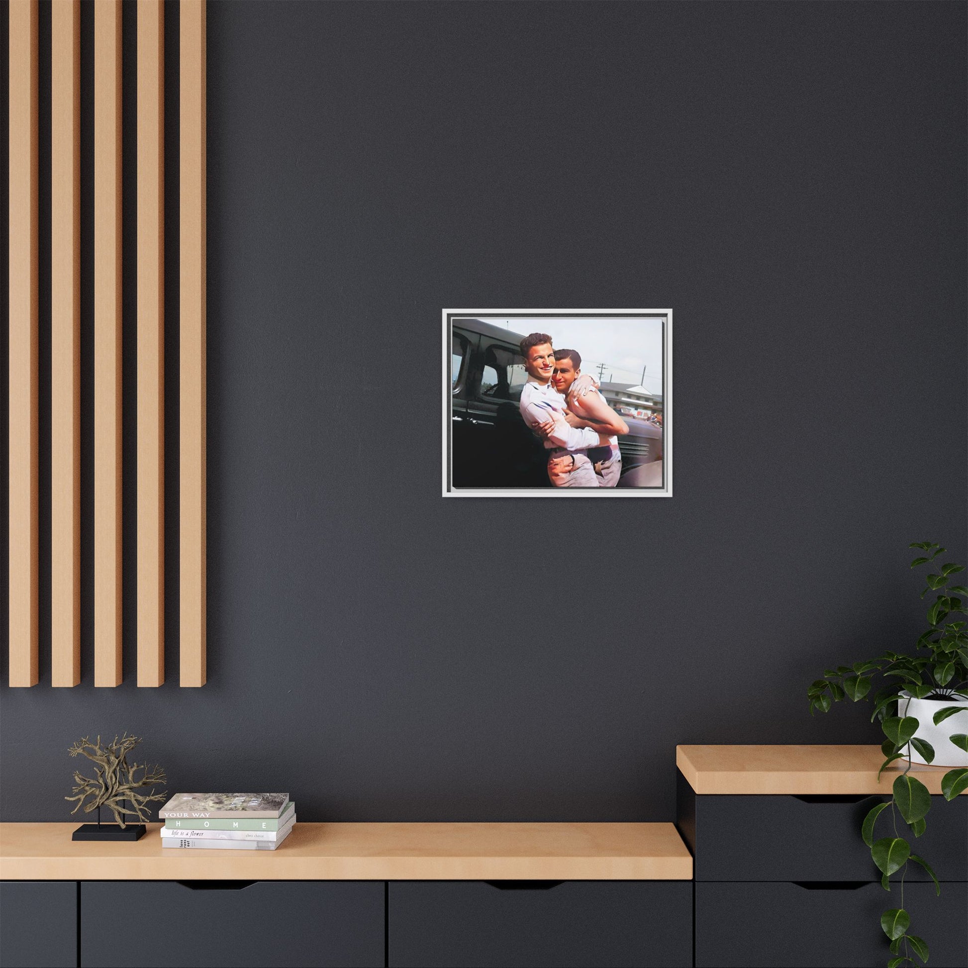 A framed vintage love portrait on matte canvas featuring Henry and Raymond in Peoria, Illinois, capturing timeless LGBTQ+ connection and joy. Gay Couple