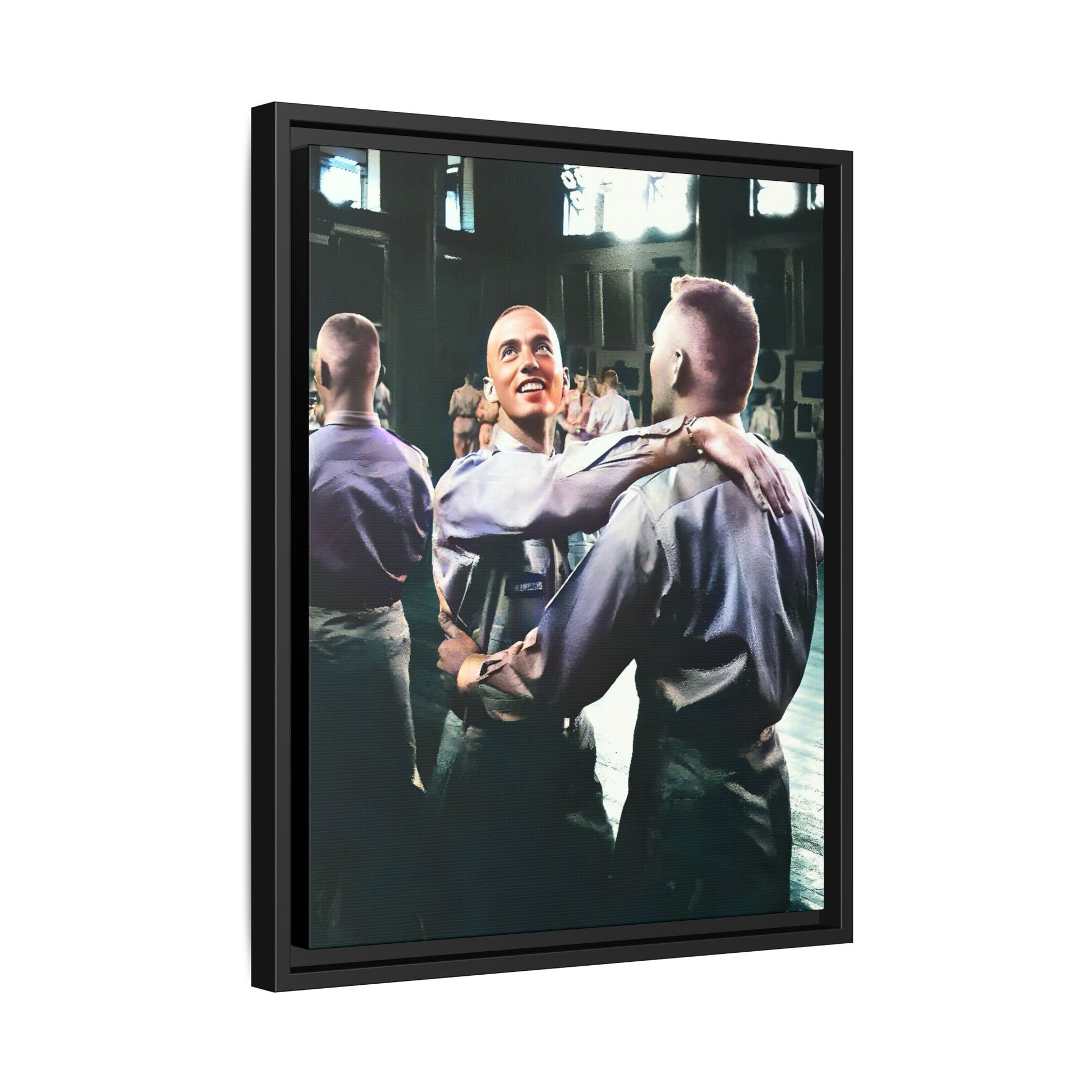 Restored mid-20th century photo of two men dancing at a USO event in Fort Belvoir, celebrating LGBTQ+ love and resilience, framed as wall décor Gay Couple