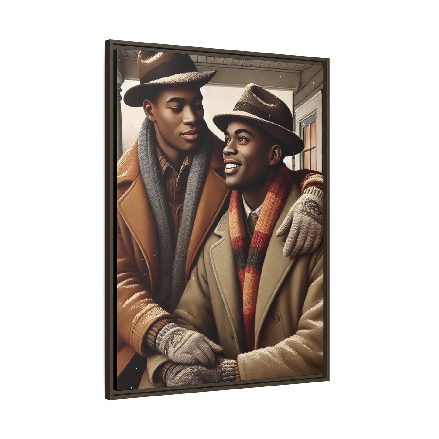 Artwork of an African-American gay couple sharing a cozy winter moment on a porch. Dressed in vintage winter attire with fedoras, scarves, and warm coats, they exchange affectionate gazes amidst softly falling snow, capturing love, warmth, and intimacy in a nostalgic winter setting.
