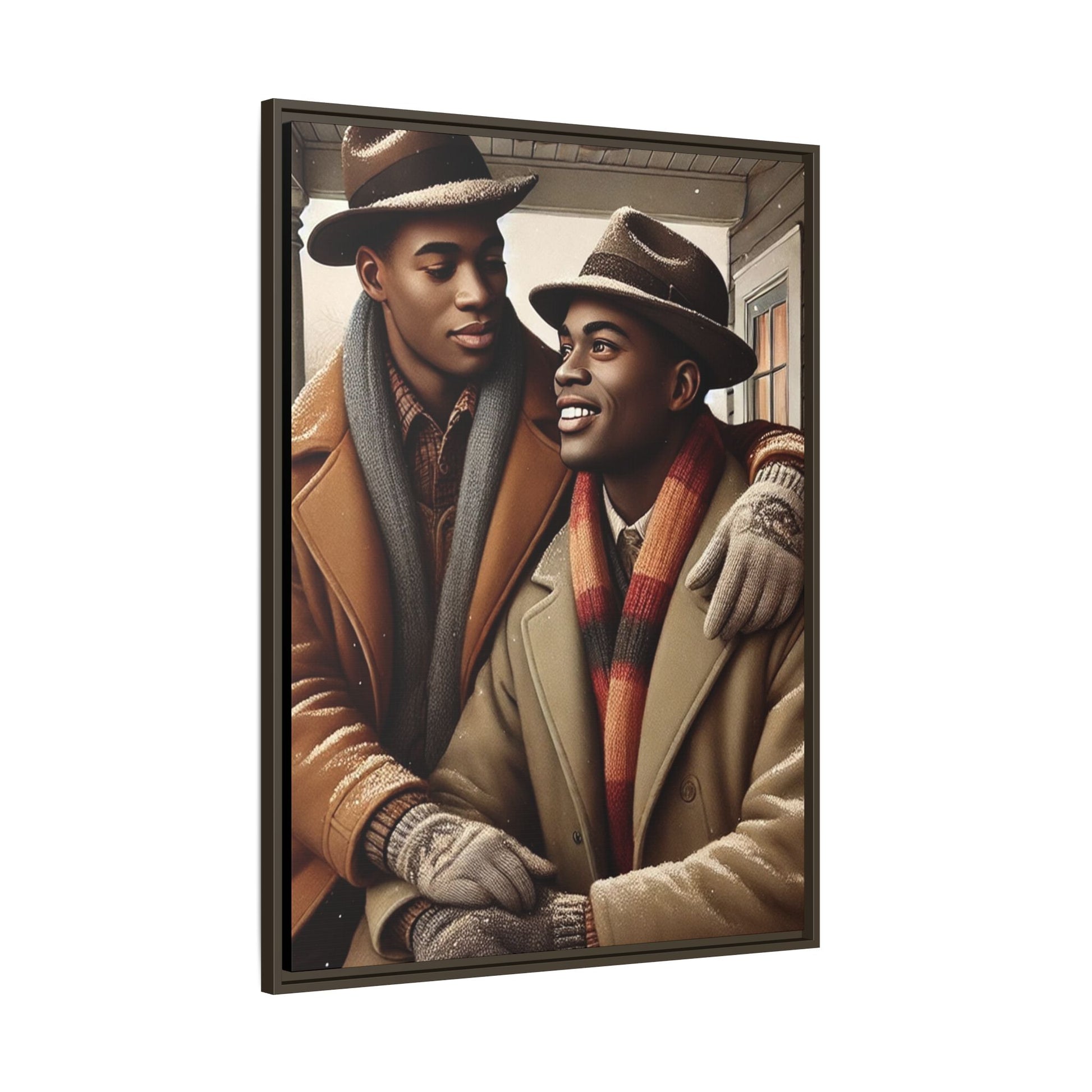 Artwork of an African-American gay couple sharing a cozy winter moment on a porch. Dressed in vintage winter attire with fedoras, scarves, and warm coats, they exchange affectionate gazes amidst softly falling snow, capturing love, warmth, and intimacy in a nostalgic winter setting.