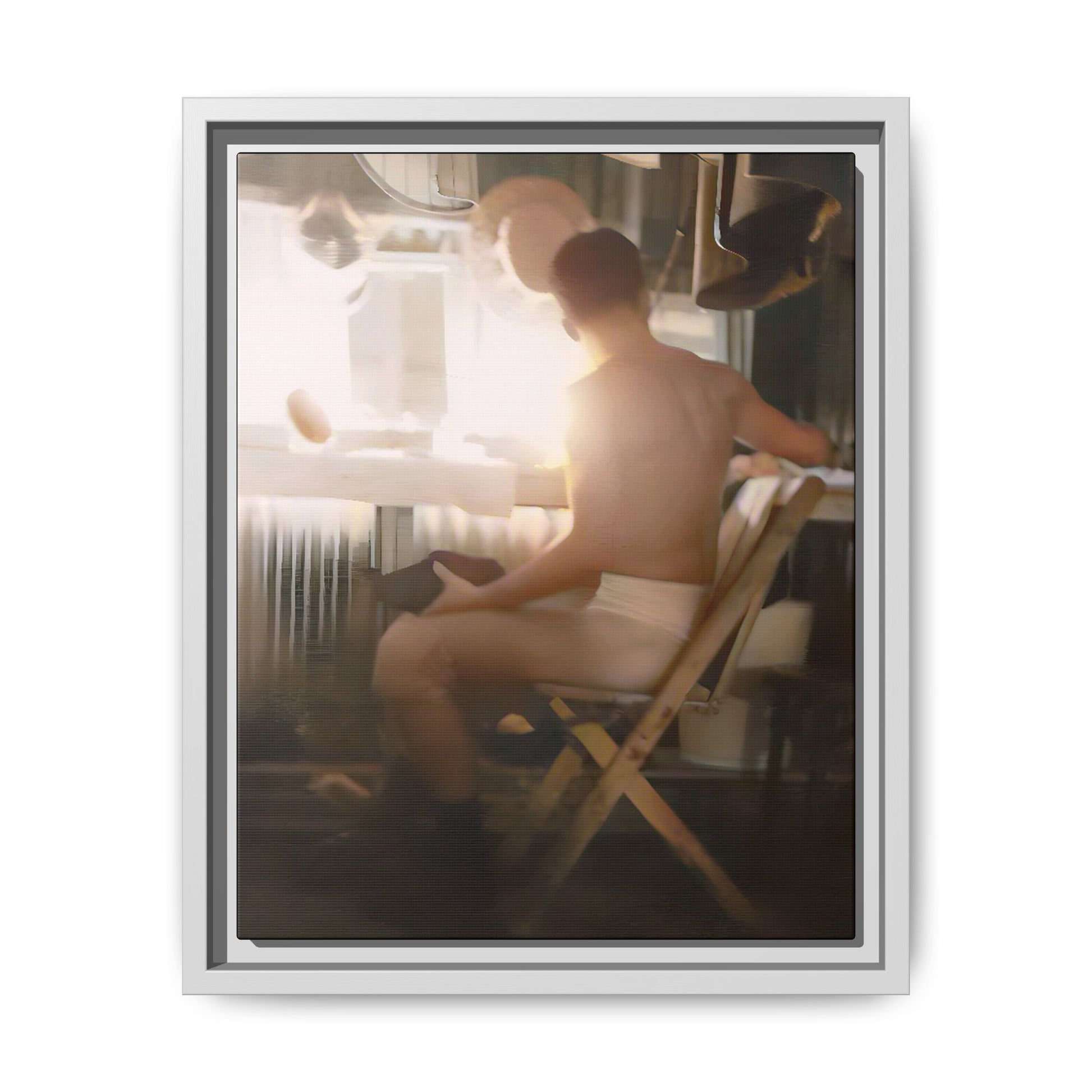 A vintage Hollywood portrait of Hugh in a backstage dressing room. This framed canvas print captures the elegance and mystique of old Hollywood, making it the perfect cinematic decor for film lovers and vintage photography collectors.
