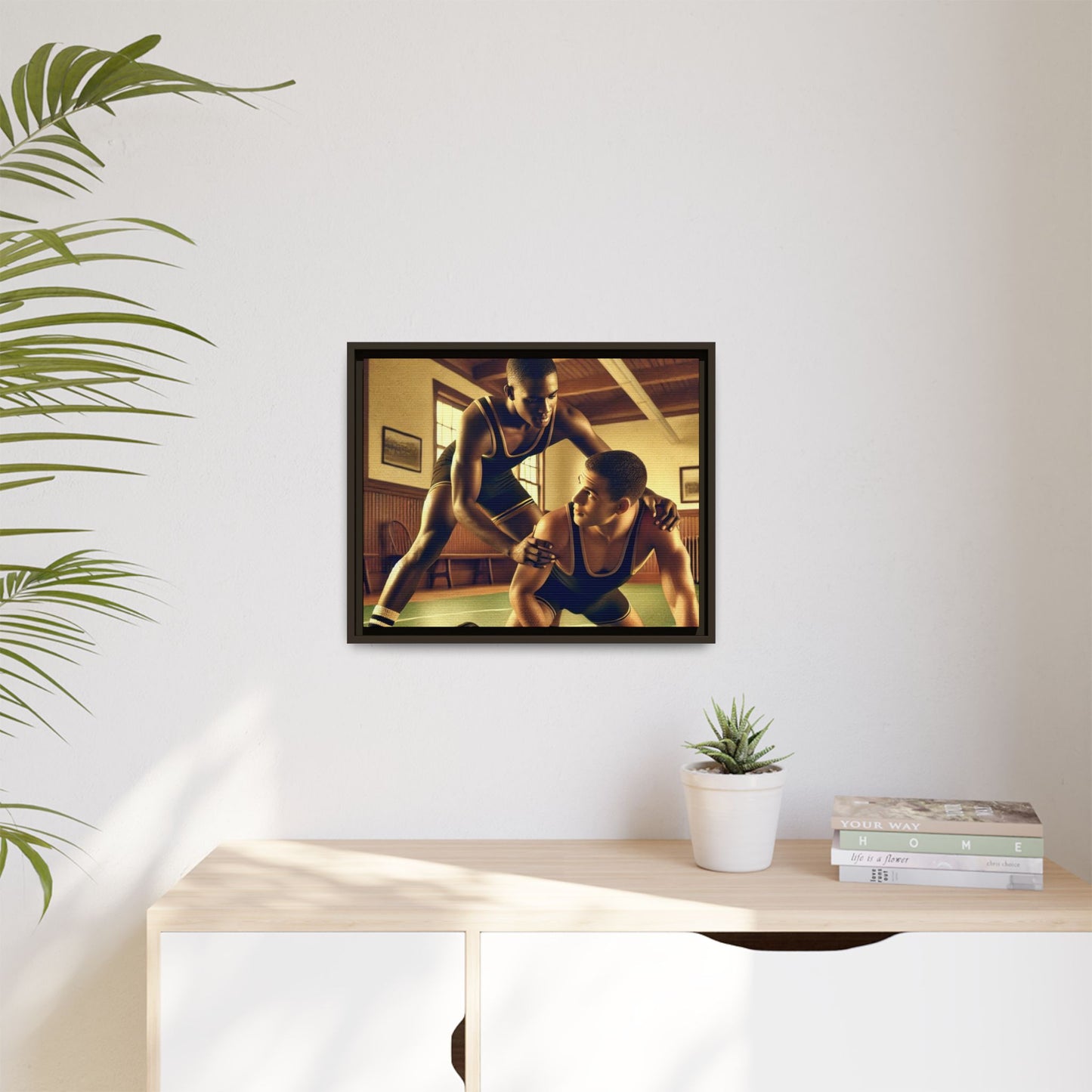 Framed canvas artwork inspired by Grant Wood featuring African-American and European-American wrestlers in a vintage gymnasium. A tribute to unity, diversity, and regionalist art.