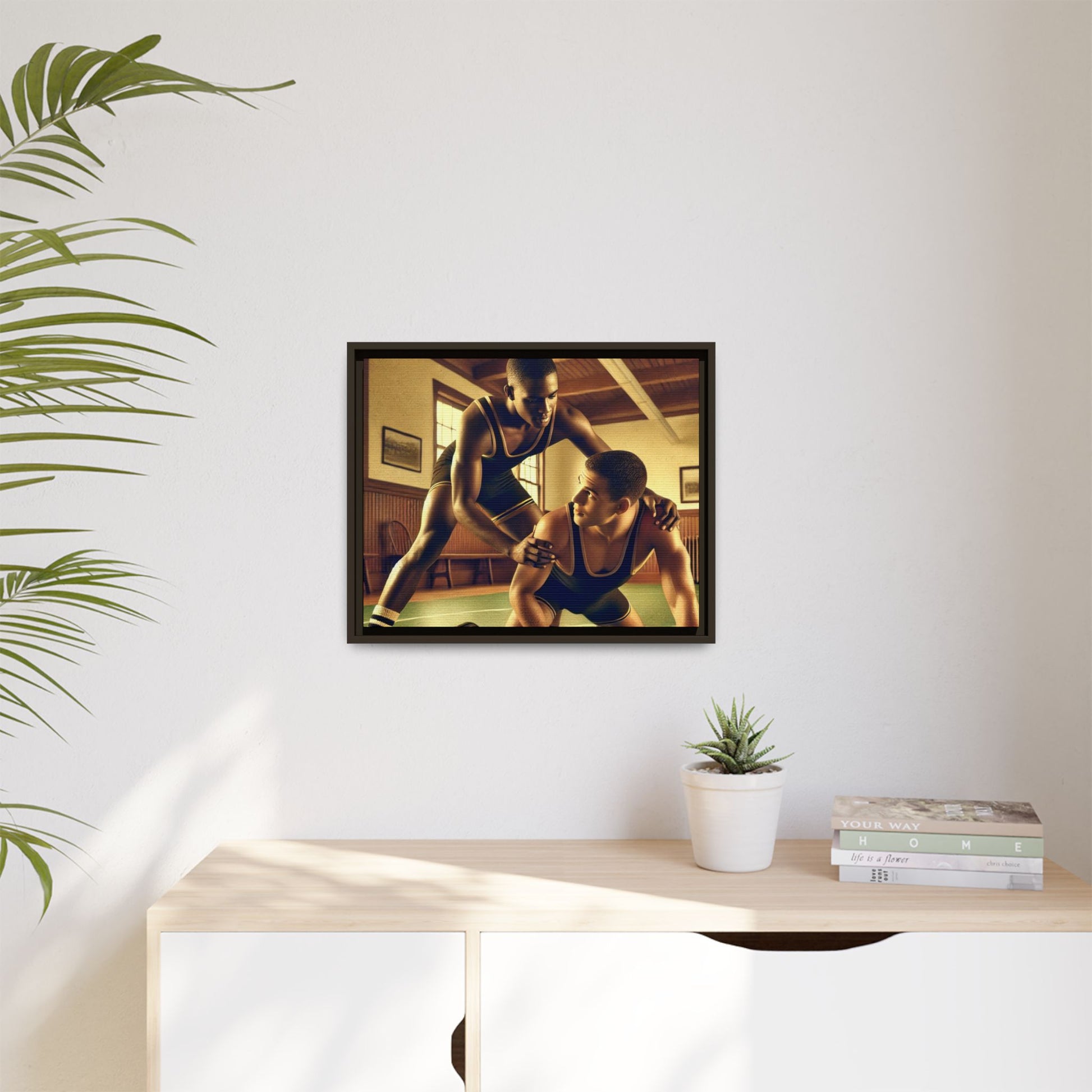 Framed canvas artwork inspired by Grant Wood featuring African-American and European-American wrestlers in a vintage gymnasium. A tribute to unity, diversity, and regionalist art.