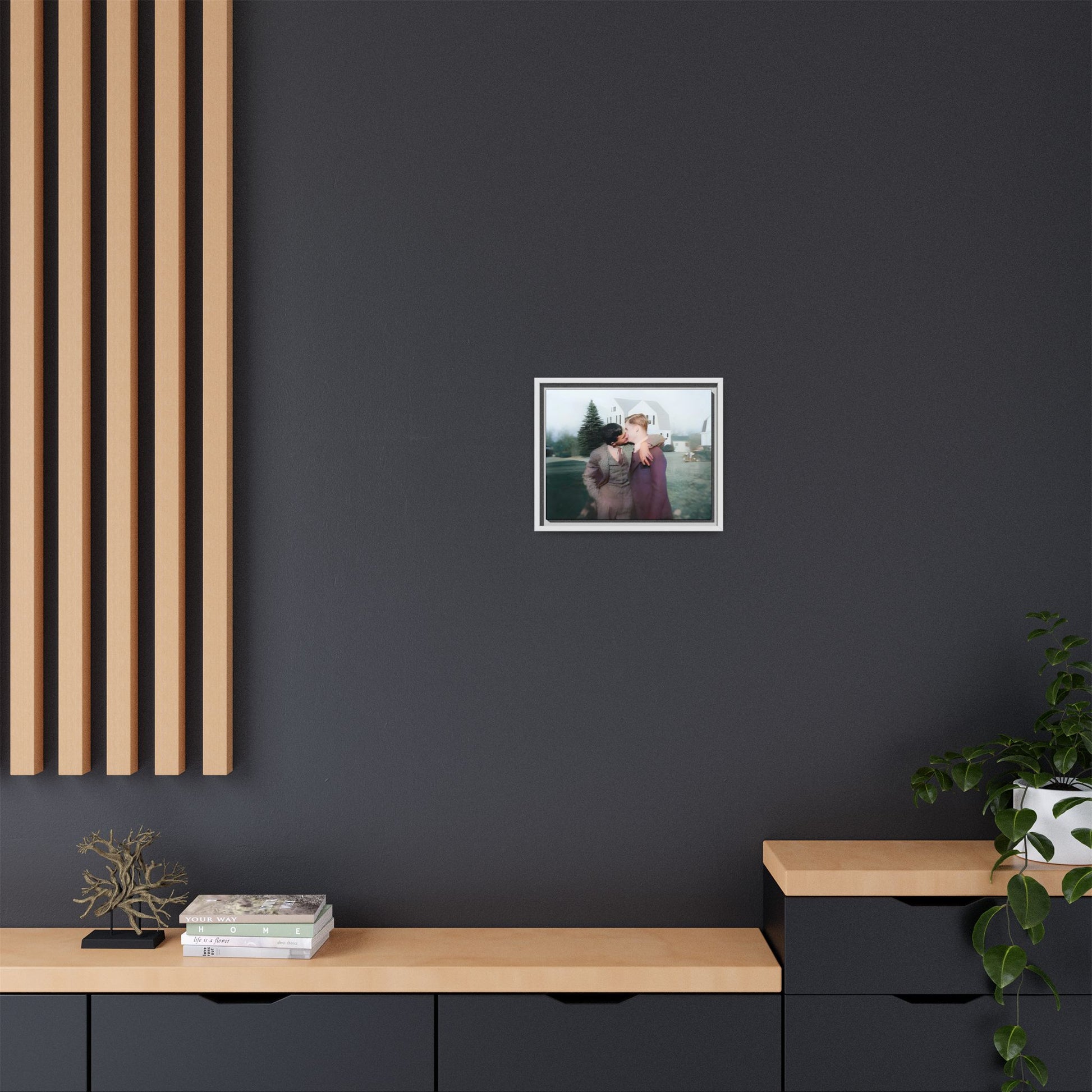 A vintage LGBTQ+ portrait of Milton & Shawn in Londonderry, NH. This framed matte canvas captures a timeless moment of love and resilience, making it a perfect piece for collectors, history enthusiasts, and those celebrating love in all forms. Gay Couple Art