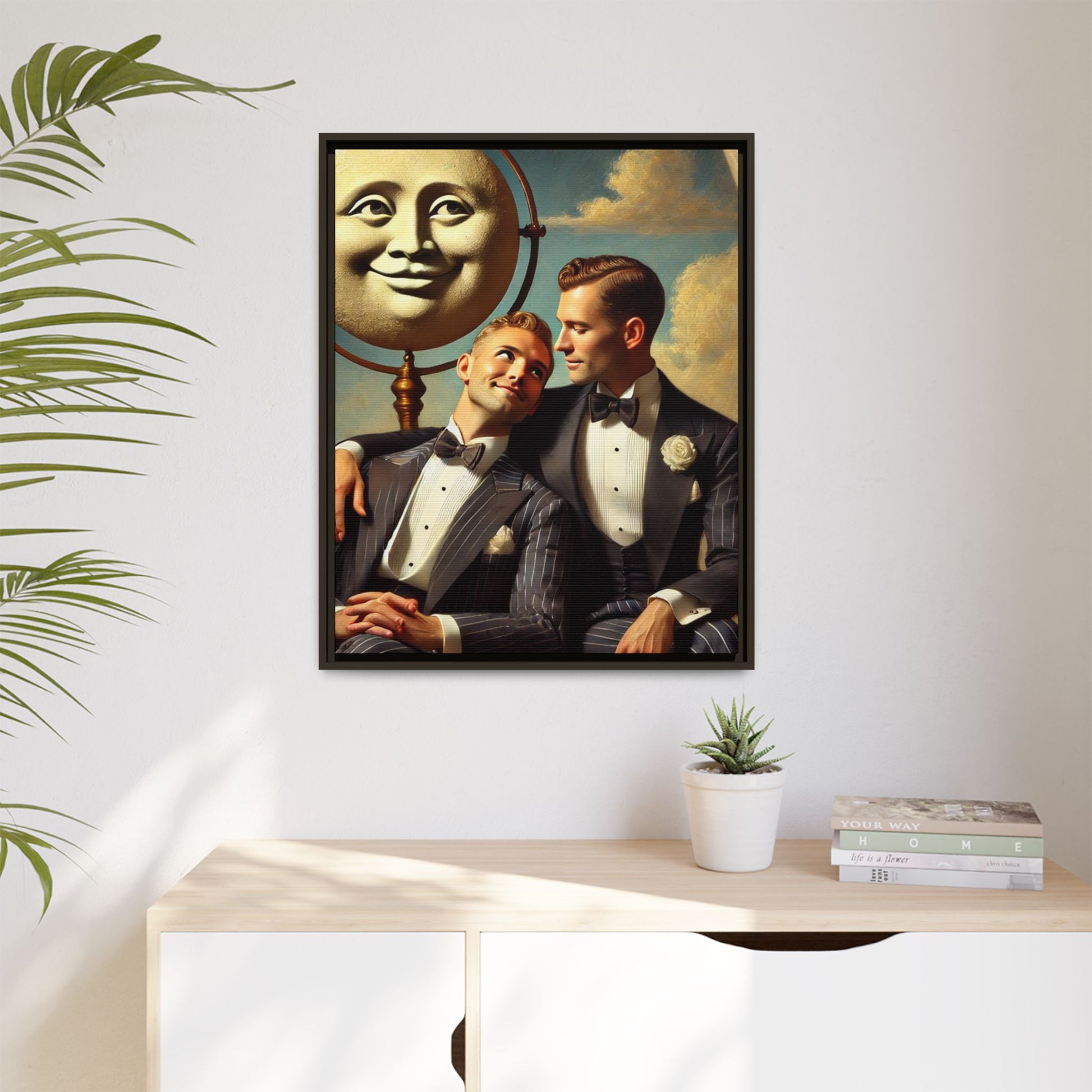 Framed matte canvas portrait featuring two young men in vintage overalls with a crescent moon prop above them. This artwork from the Missing Art Studies series reclaims LGBTQ+ imagery that may have been lost to bias, presenting warmth, intimacy, and presence.