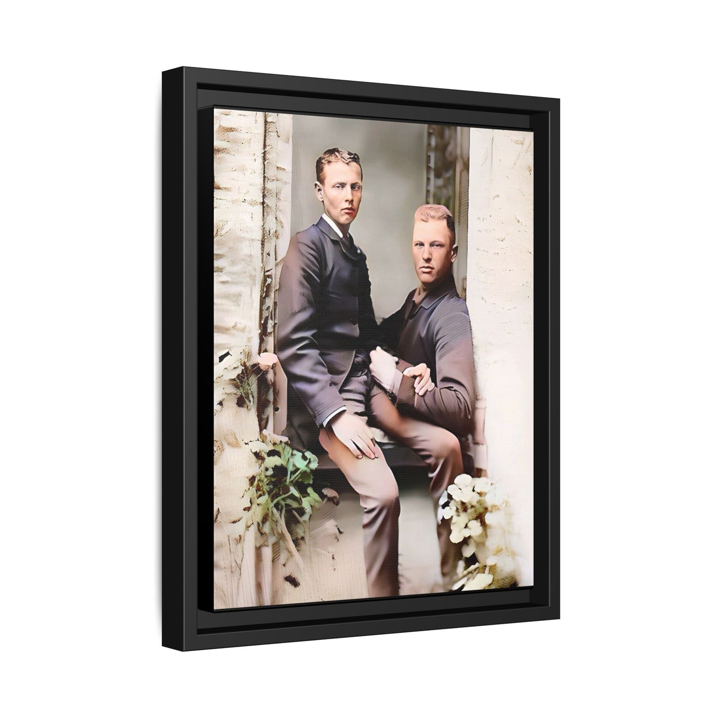Restored vintage photo of Albert & Harold in tender embrace, Austin TX gay couple, framed art