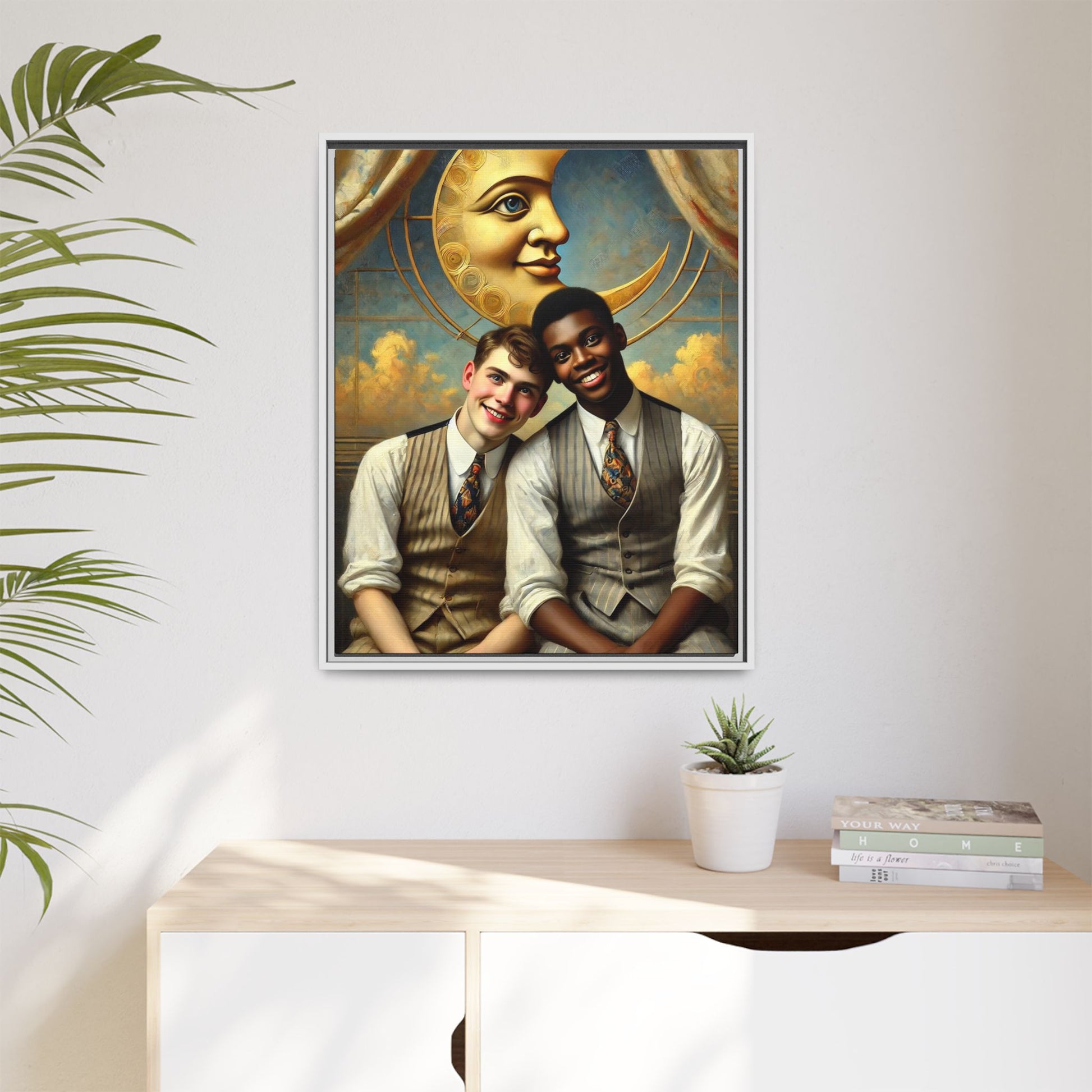 A vintage-style artwork showing a young interracial gay couple in 1920s attire sitting beneath a golden crescent moon with a serene expression. Their joyful closeness reclaims erased queer history and reflects the beauty of interracial love through a lens of tenderness and celebration.