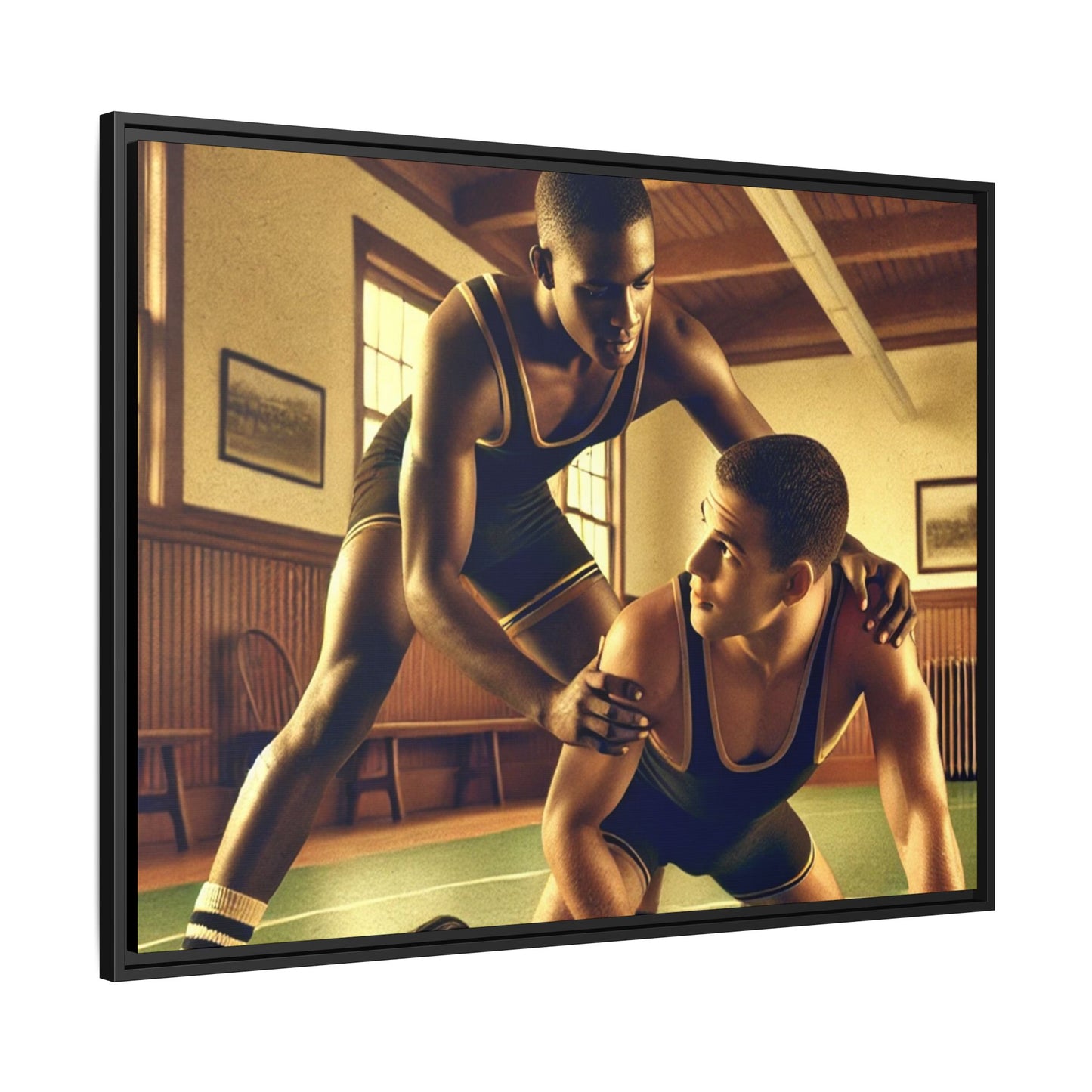 Framed canvas artwork inspired by Grant Wood featuring African-American and European-American wrestlers in a vintage gymnasium. A tribute to unity, diversity, and regionalist art.