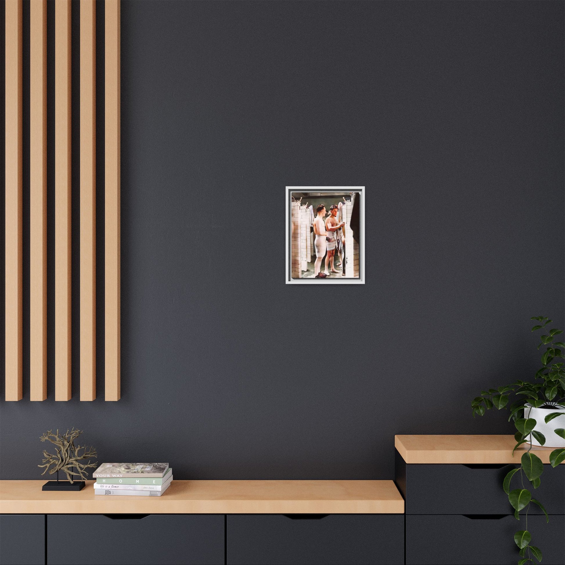A restored and colorized vintage photo of Everard Baths in Manhattan, NYC. This framed matte canvas print celebrates LGBTQ+ history, capturing the spirit of camaraderie, liberation, and hidden stories from the past.