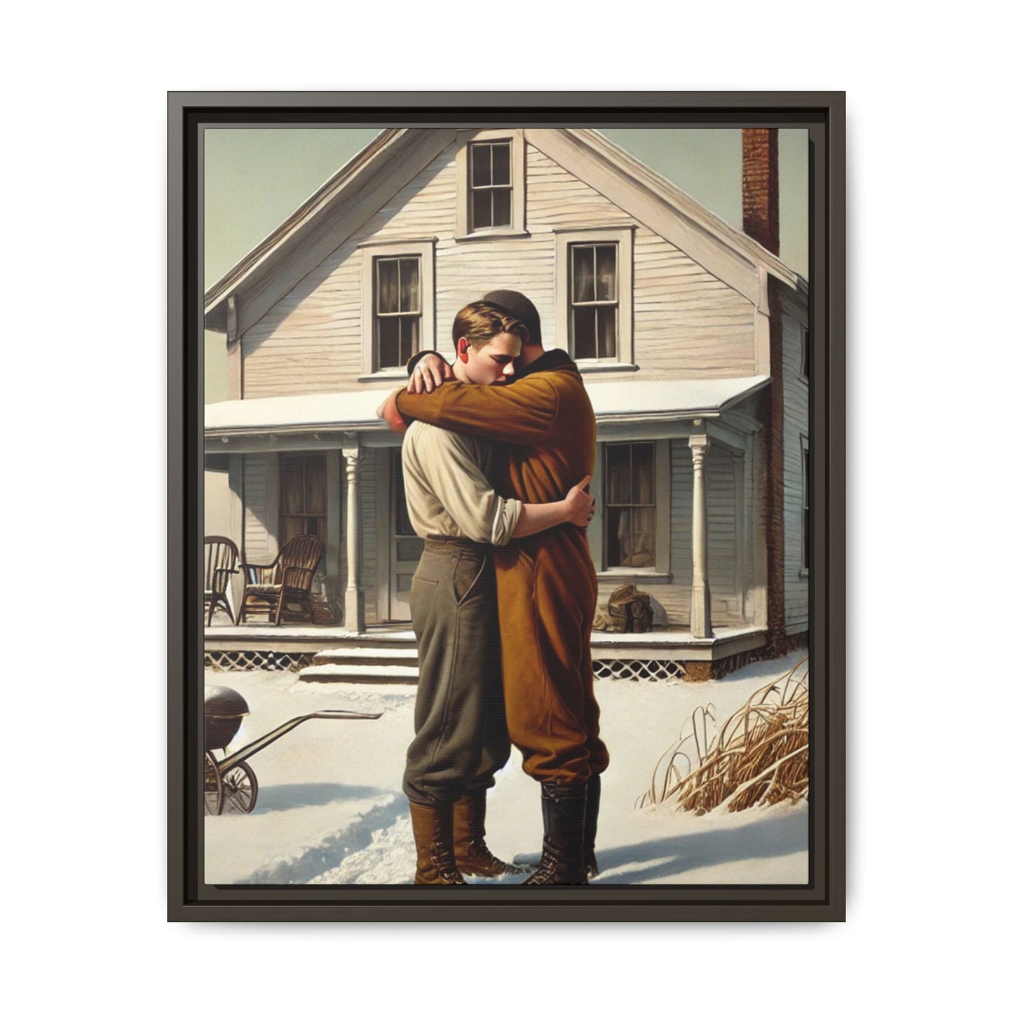 Artwork of a tender moment between a gay couple embracing outside a farmhouse in a snowy, rural landscape. Dressed in vintage attire, the two men find warmth and comfort in each other’s arms, capturing love and connection in a serene, Americana winter setting