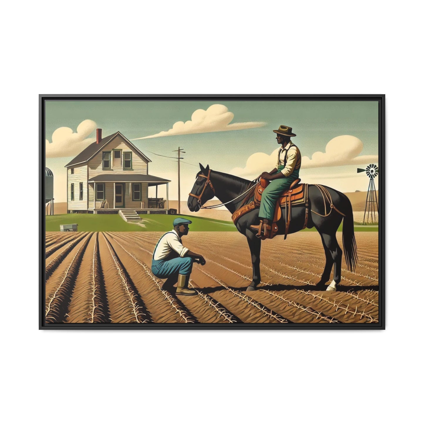Artwork of an African American queer couple working together on a farm in a serene, vintage-inspired landscape. One man sits on horseback, gazing warmly at his partner, who examines the soil, symbolizing their partnership in both love and labor. The scene captures resilience, companionship, and the beauty of rural life.