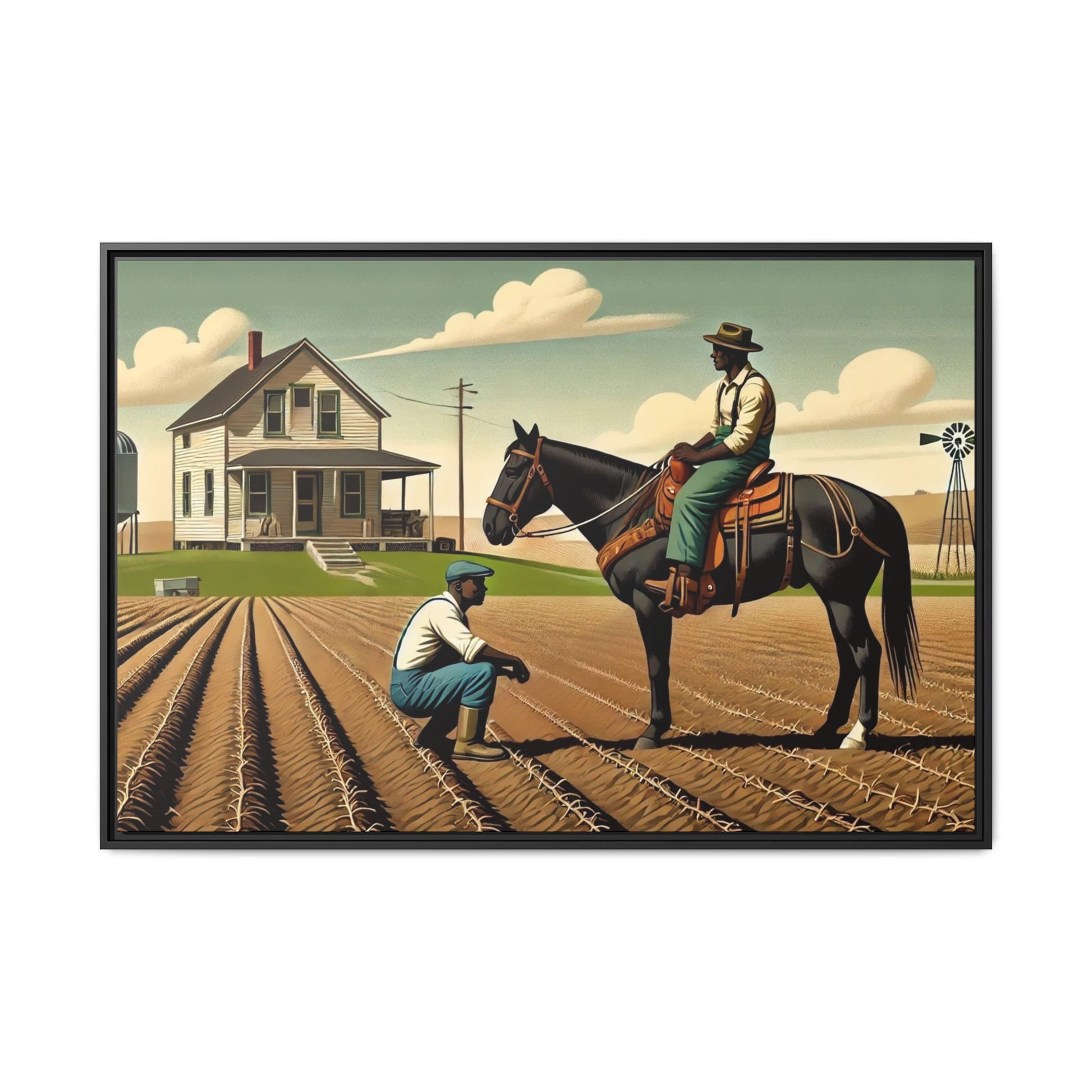 Artwork of an African American queer couple working together on a farm in a serene, vintage-inspired landscape. One man sits on horseback, gazing warmly at his partner, who examines the soil, symbolizing their partnership in both love and labor. The scene captures resilience, companionship, and the beauty of rural life.