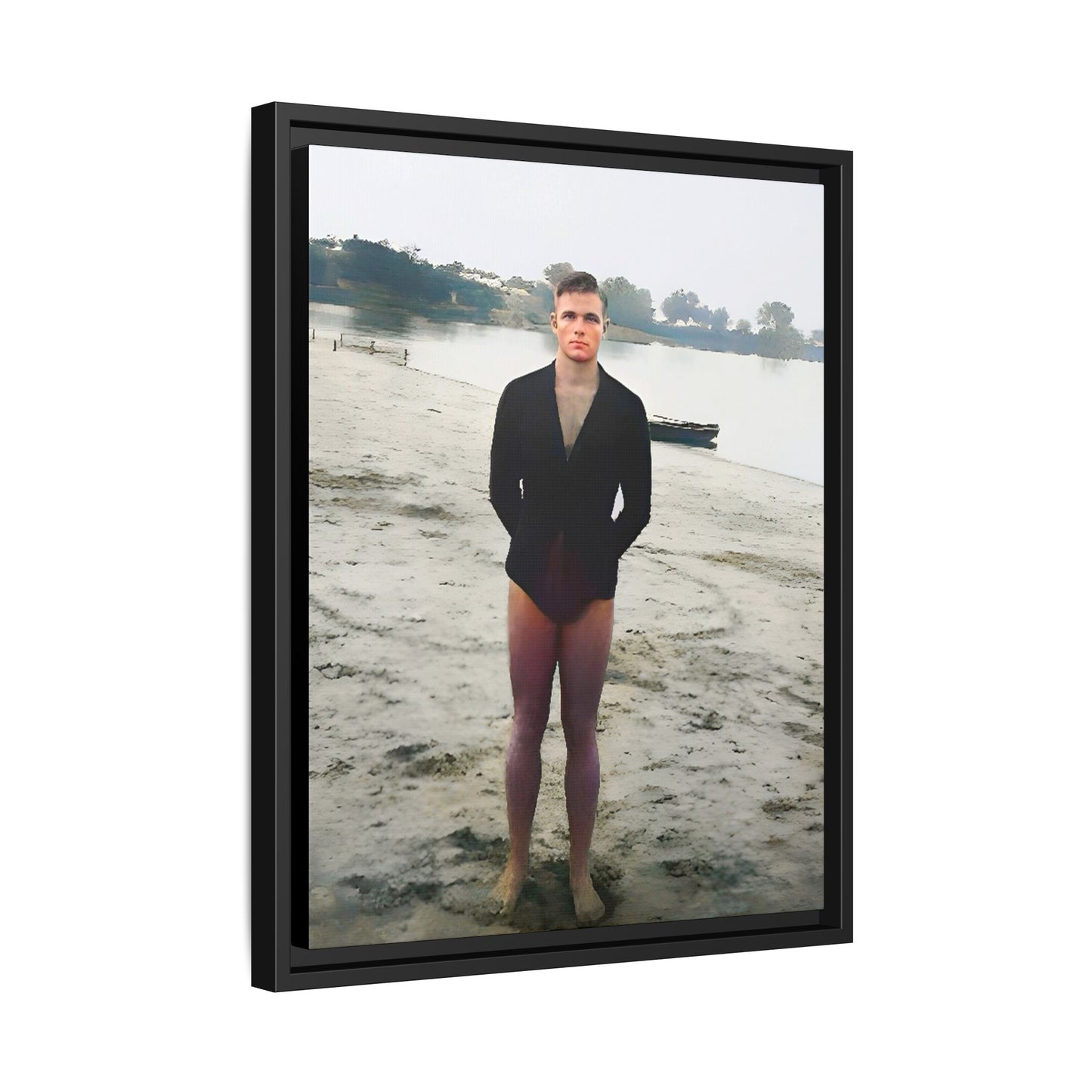 A framed vintage lake portrait on matte canvas featuring Ben at Lake Chicot, Arkansas, capturing solitude, nature, and timeless reflection.