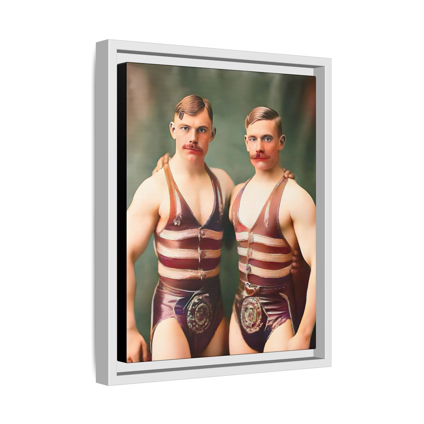Restored early 1900s vintage photograph of Oscar and Herman in Pittsburgh, Pennsylvania, wearing striped singlets. Framed matte canvas art celebrating love, strength, and LGBTQ+ history. Gay Circus Couple Performers