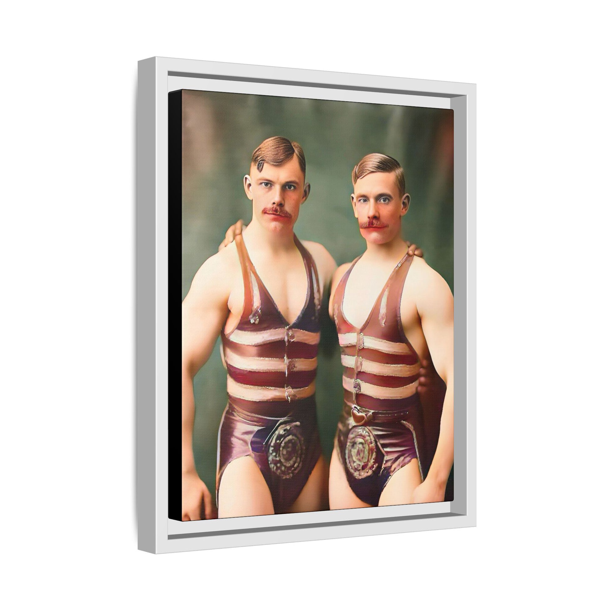 Restored early 1900s vintage photograph of Oscar and Herman in Pittsburgh, Pennsylvania, wearing striped singlets. Framed matte canvas art celebrating love, strength, and LGBTQ+ history. Gay Circus Couple Performers