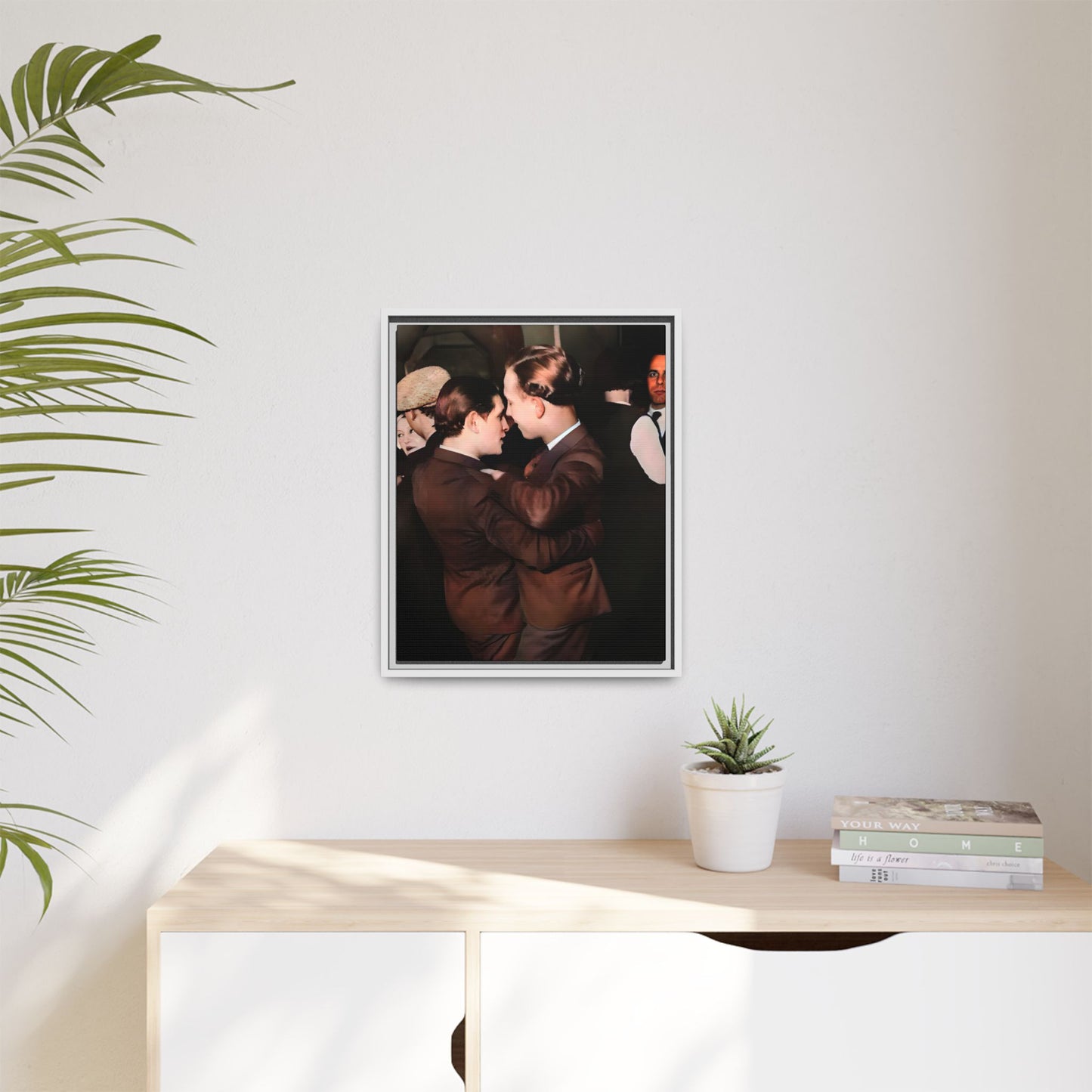Vintage Gay dance portrait of Bernard & Leroy at an Atlanta soirée. Their embrace reflects timeless love and authenticity. A framed matte canvas print celebrating history, romance, and the elegance of shared moments.
