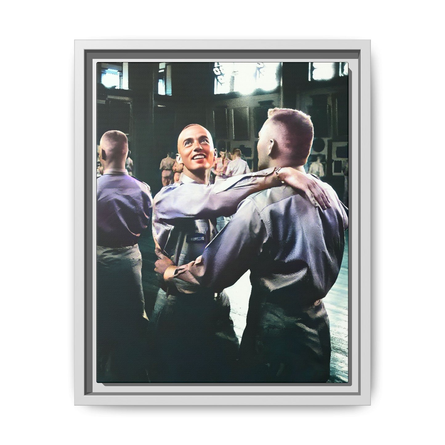 Restored mid-20th century photo of two men dancing at a USO event in Fort Belvoir, celebrating LGBTQ+ love and resilience, framed as wall décor Gay Couple