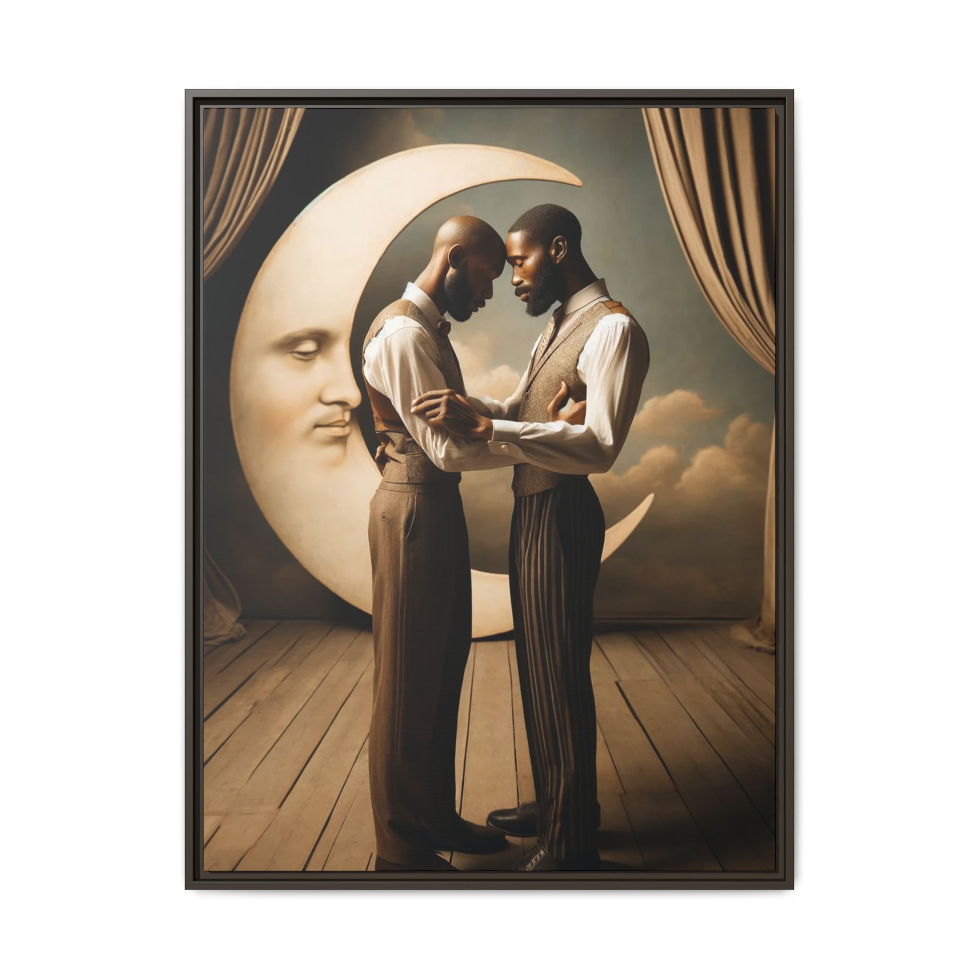 Two Black men in vintage 1920s clothing stand forehead to forehead, embraced beneath a glowing crescent moon. A theatrical scene honoring queer love, memory, and history, reclaiming moments that were never captured due to cultural bias.