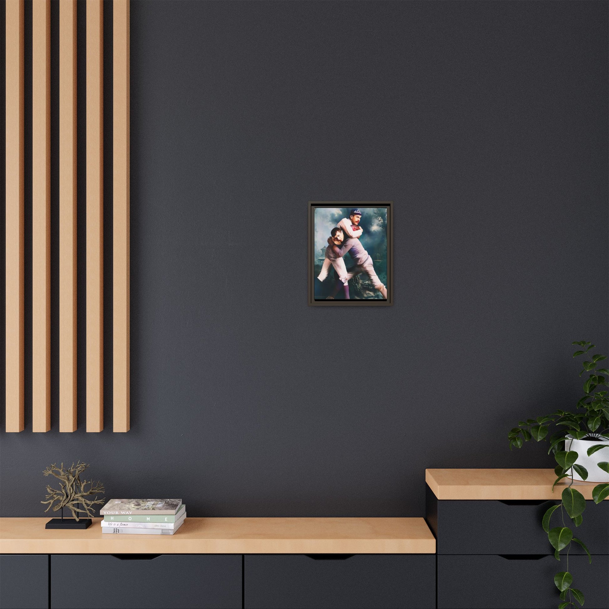 A framed vintage sports portrait on matte canvas featuring Theodore and Patrick in Chapel Hill, North Carolina, capturing timeless strength, camaraderie, and connection.