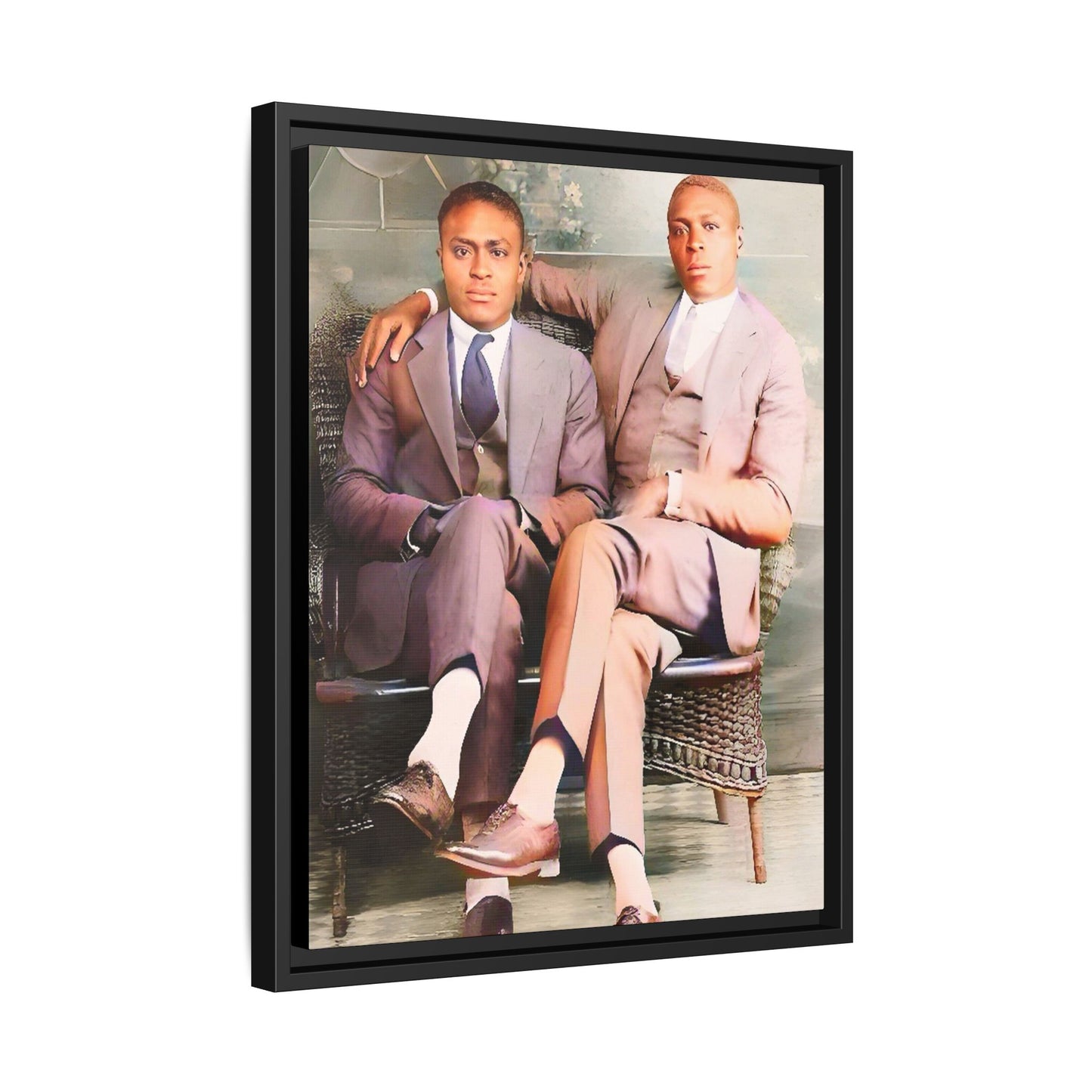 Restored vintage portrait of Walter & George, an African American gay couple seated in Birmingham AL, framed canvas art. Gay Juneteenth Black Love History Month