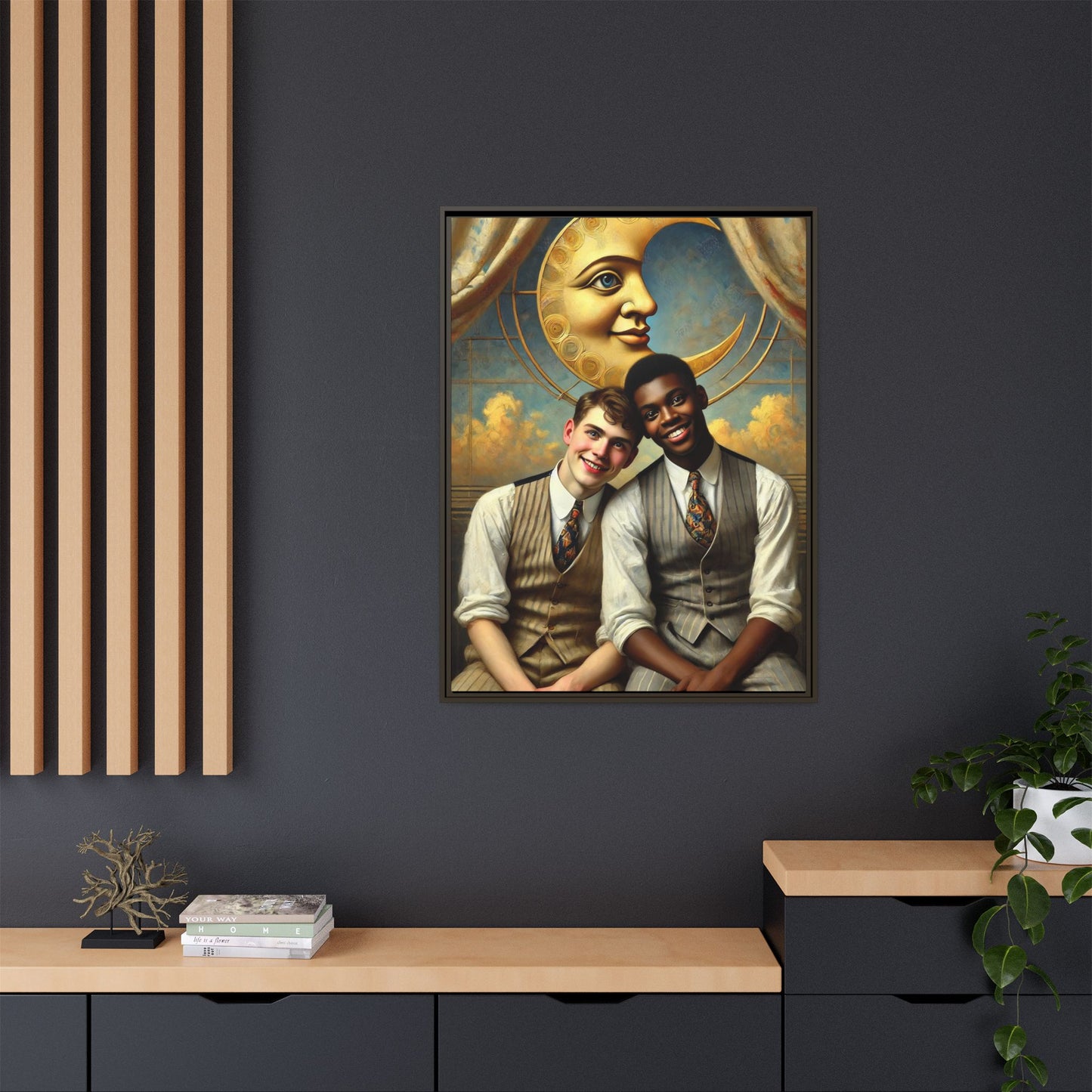 A vintage-style artwork showing a young interracial gay couple in 1920s attire sitting beneath a golden crescent moon with a serene expression. Their joyful closeness reclaims erased queer history and reflects the beauty of interracial love through a lens of tenderness and celebration.