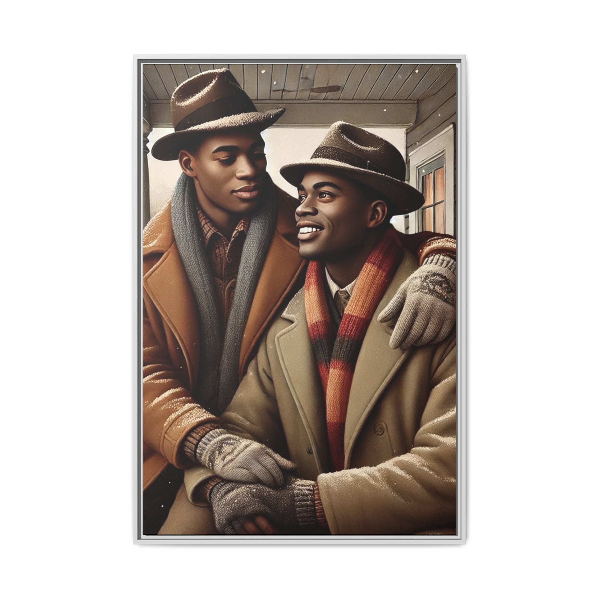 Artwork of an African-American queer couple sharing a cozy winter moment on a porch. Dressed in vintage winter attire with fedoras, scarves, and warm coats, they exchange affectionate gazes amidst softly falling snow, capturing love, warmth, and intimacy in a nostalgic winter setting.