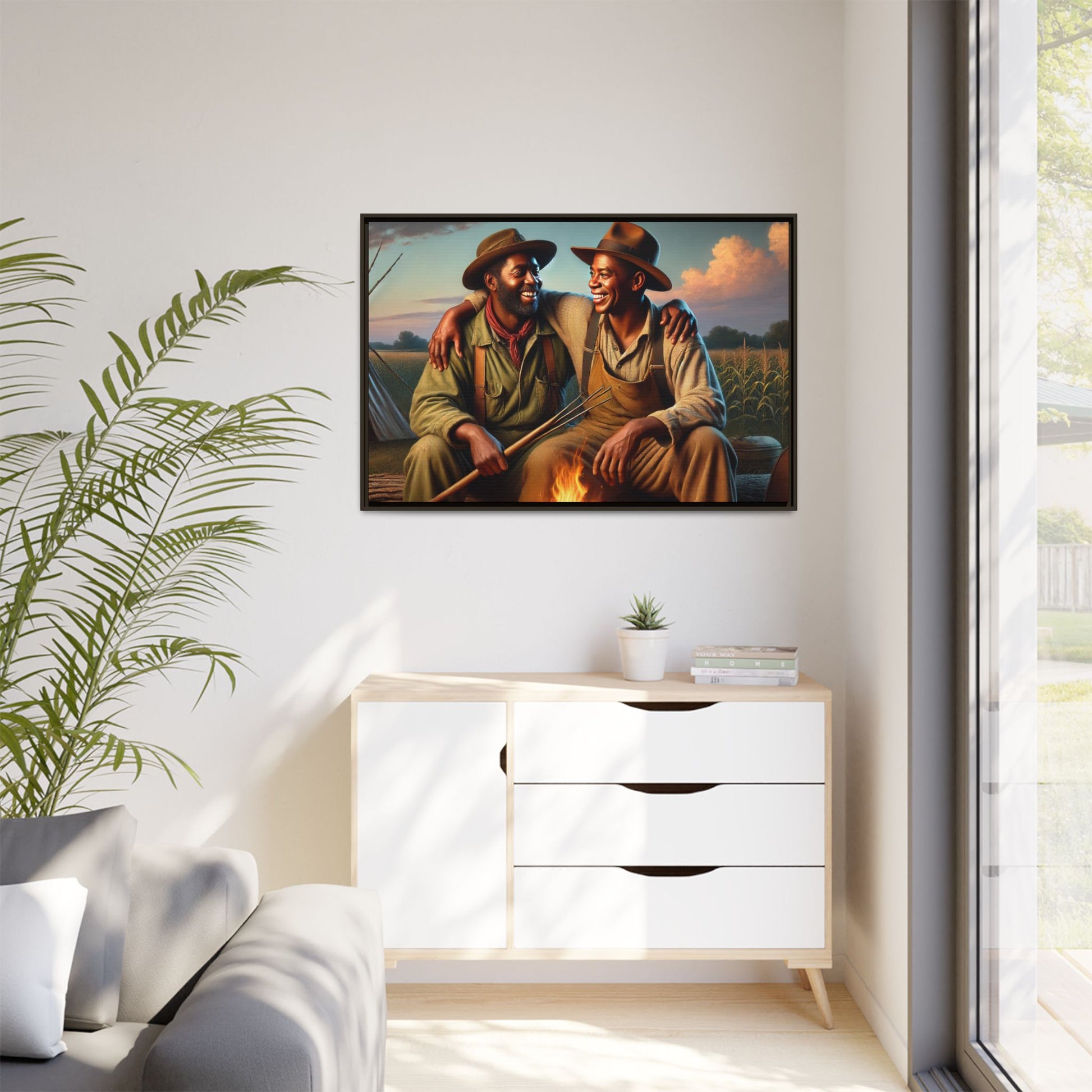 Artwork of an older African-American queer couple sharing a warm, joyful moment by a campfire in rural Iowa. Set against vast fields and an open sky, the scene captures love, resilience, and the nostalgic beauty of Americana, with firelight illuminating their laughter and companionship