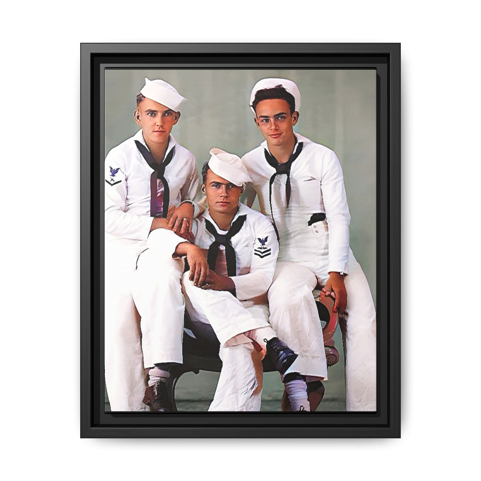 A restored vintage portrait of three sailors aboard the USS Alabama. This framed matte canvas honors naval history, camaraderie, and timeless service.