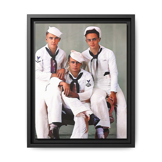 A restored vintage portrait of three sailors aboard the USS Alabama. This framed matte canvas honors naval history, camaraderie, and timeless service.