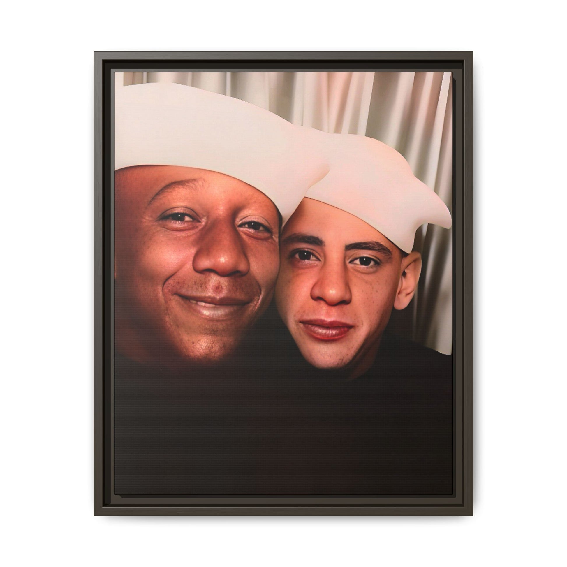 Restored vintage photo of Arthur & Marvin, WWII-era gay sailors in a photo booth, Daytona Beach FL, framed canvas art.