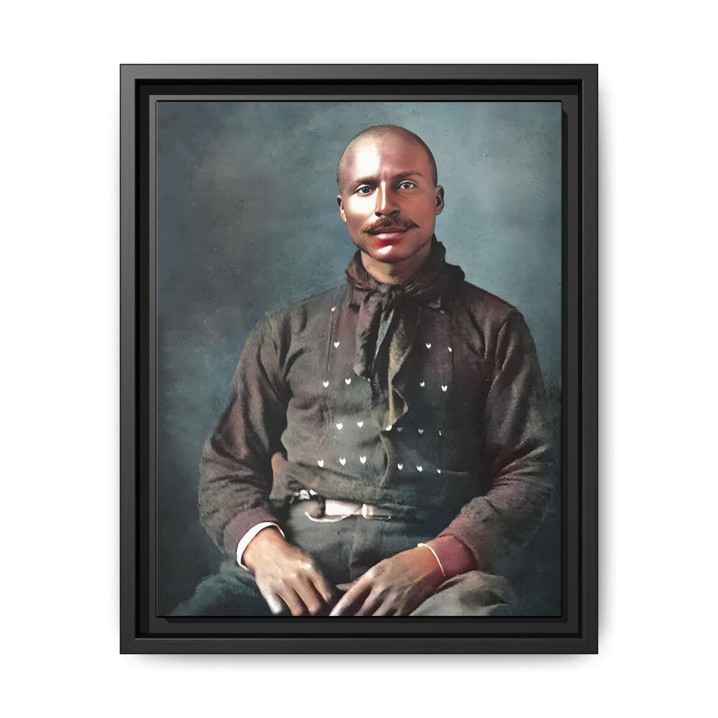 A vintage Western portrait of Jorge, capturing the rugged charm of the Old West in Mesa, Arizona. This framed matte canvas showcases resilience and classic cowboy style, perfect for rustic, Western, or Americana-inspired decor. Hispanic Latino