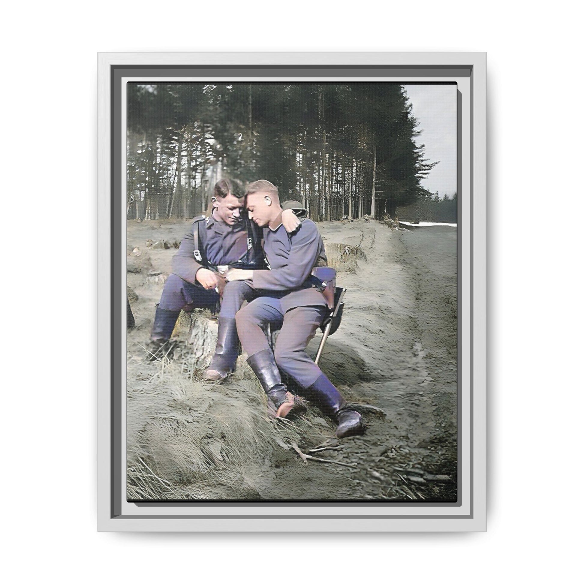 A beautifully restored WWI-era photograph featuring Felix and Engel, two soldiers seated closely on a tree stump in Verdun, France. Dressed in military uniforms with rugged boots, their affectionate expressions and serene forest backdrop capture a rare and intimate moment of connection and resilience during wartime. Vintage Foto Schwules Paar