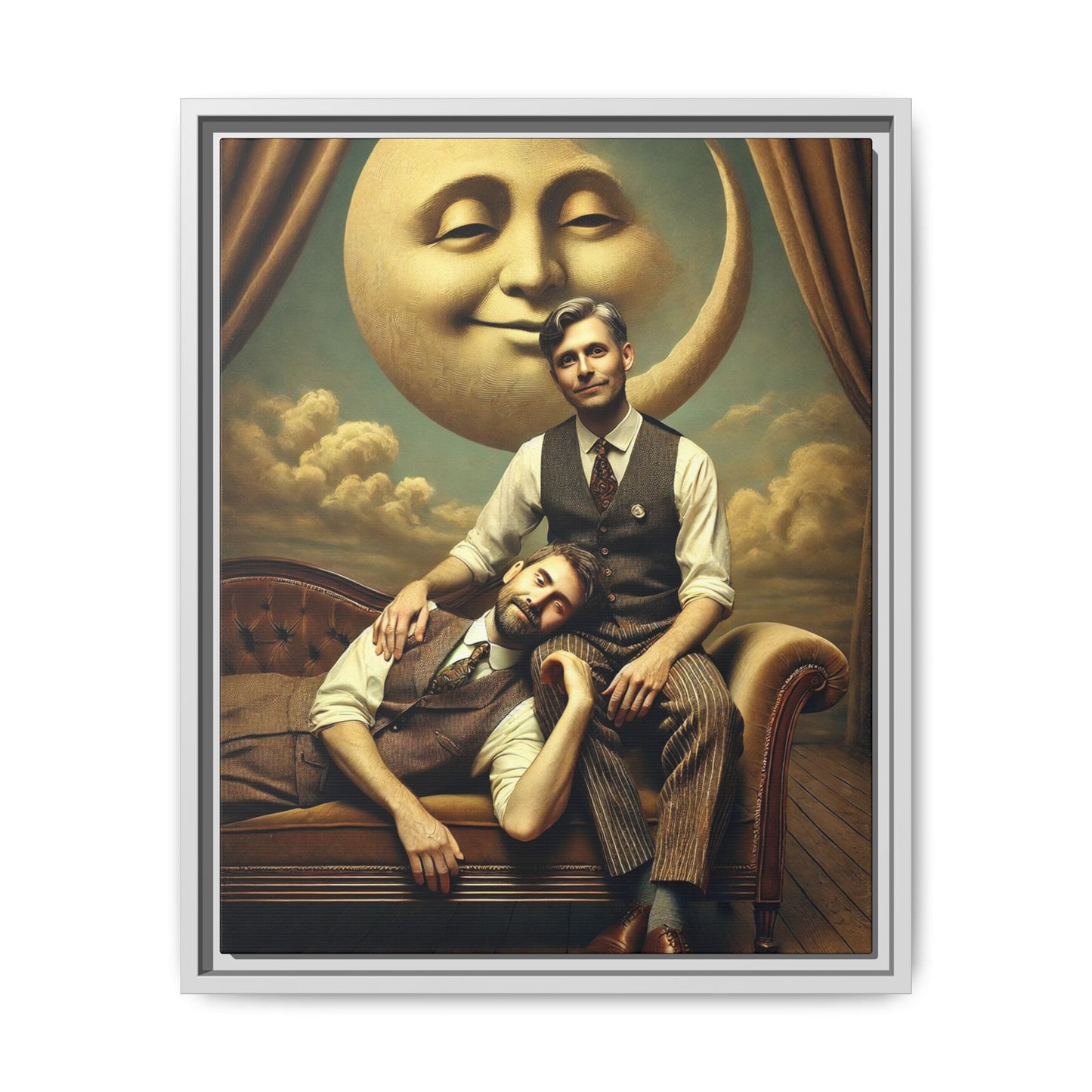 Vintage-style artwork of two men in 1920s clothing sitting close, one resting his head on the other’s lap beneath a smiling moon. Surrounded by theatrical curtains and clouds, this original piece honors lost queer love and challenges historical erasure with tenderness and pride.