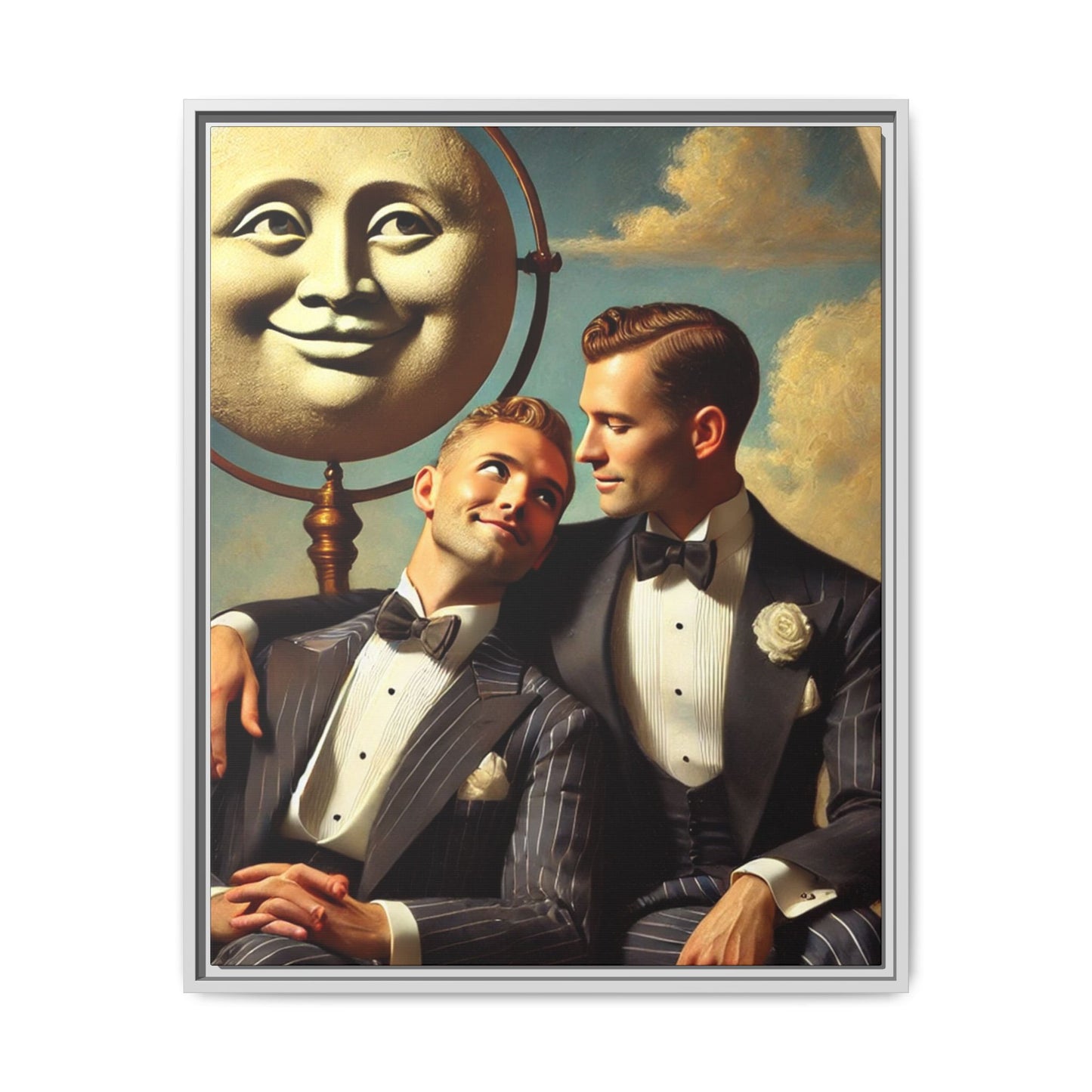 Framed matte canvas portrait featuring two young men in vintage overalls with a crescent moon prop above them. This artwork from the Missing Art Studies series reclaims LGBTQ+ imagery that may have been lost to bias, presenting warmth, intimacy, and presence.