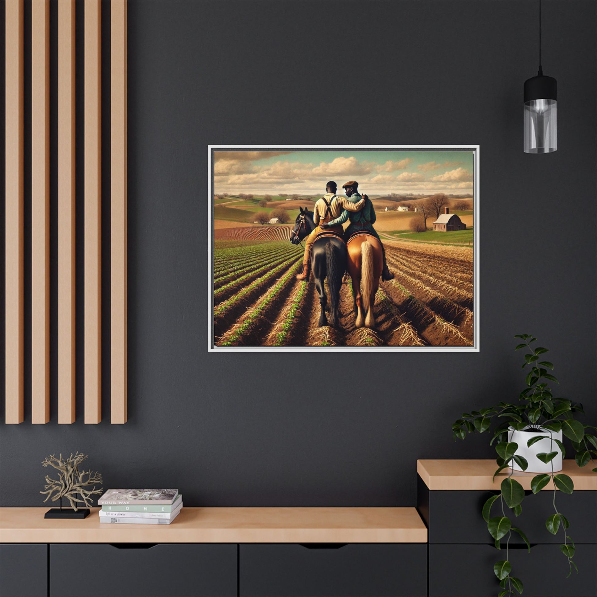 Artwork of an African-American gay couple riding horseback through expansive farmland, sharing a tender moment as they overlook lush fields. Dressed in rugged vintage attire, this scene captures resilience, love, and the charm of rural life, celebrating LGBTQ+ history and African-American heritage.