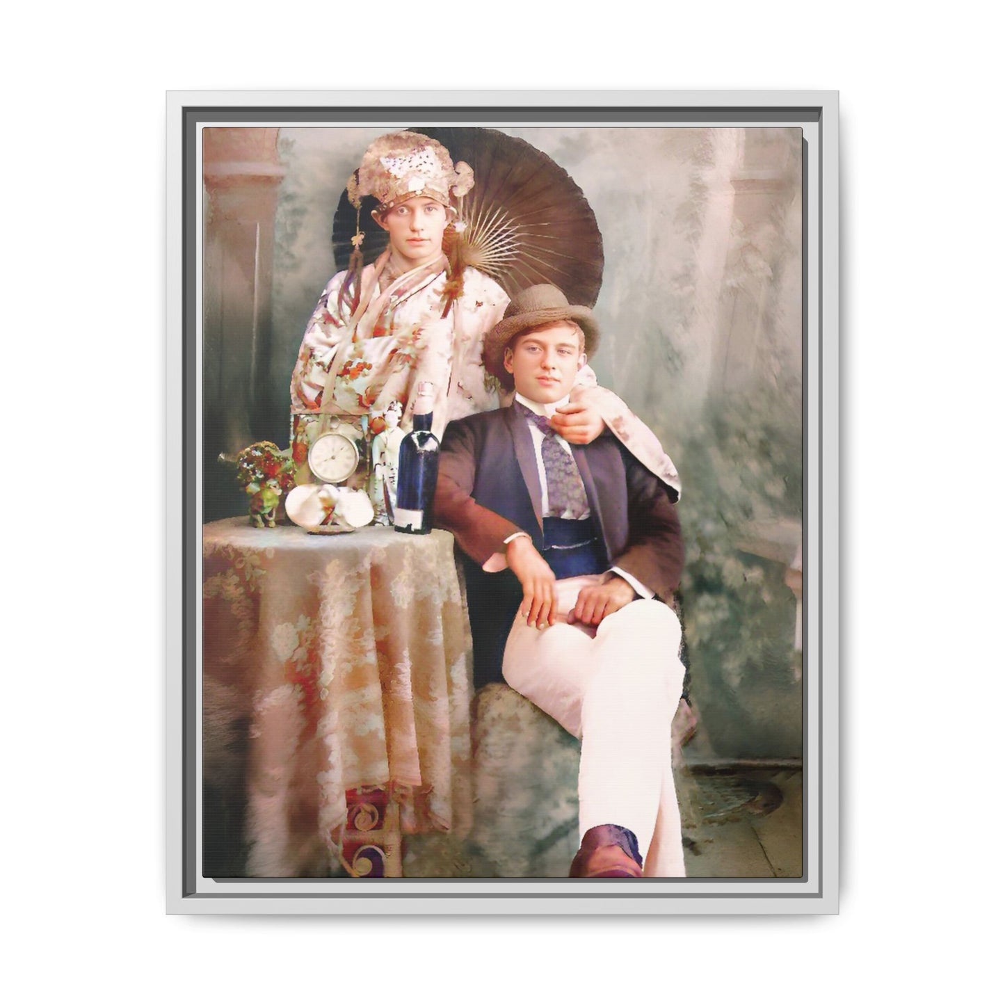 Restored early 1900s vintage photo from Mystic Memphi Carnival in Memphis, Tennessee, featuring elegance and creativity. Framed matte canvas art celebrating individuality and historical charm.  Gay Couple
