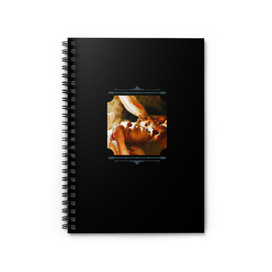 Spiral notebook featuring a colorized vintage photo of two men in a tender embrace resting together