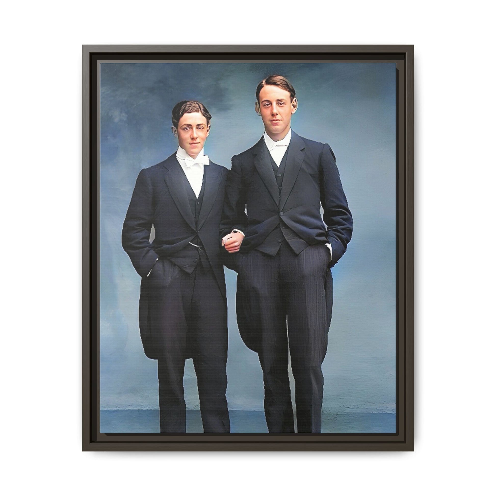 A framed vintage photo on matte canvas featuring a sophisticated LGBTQ+ couple in Rumson, NJ, capturing elegance and timeless love. Gay Formal Prom