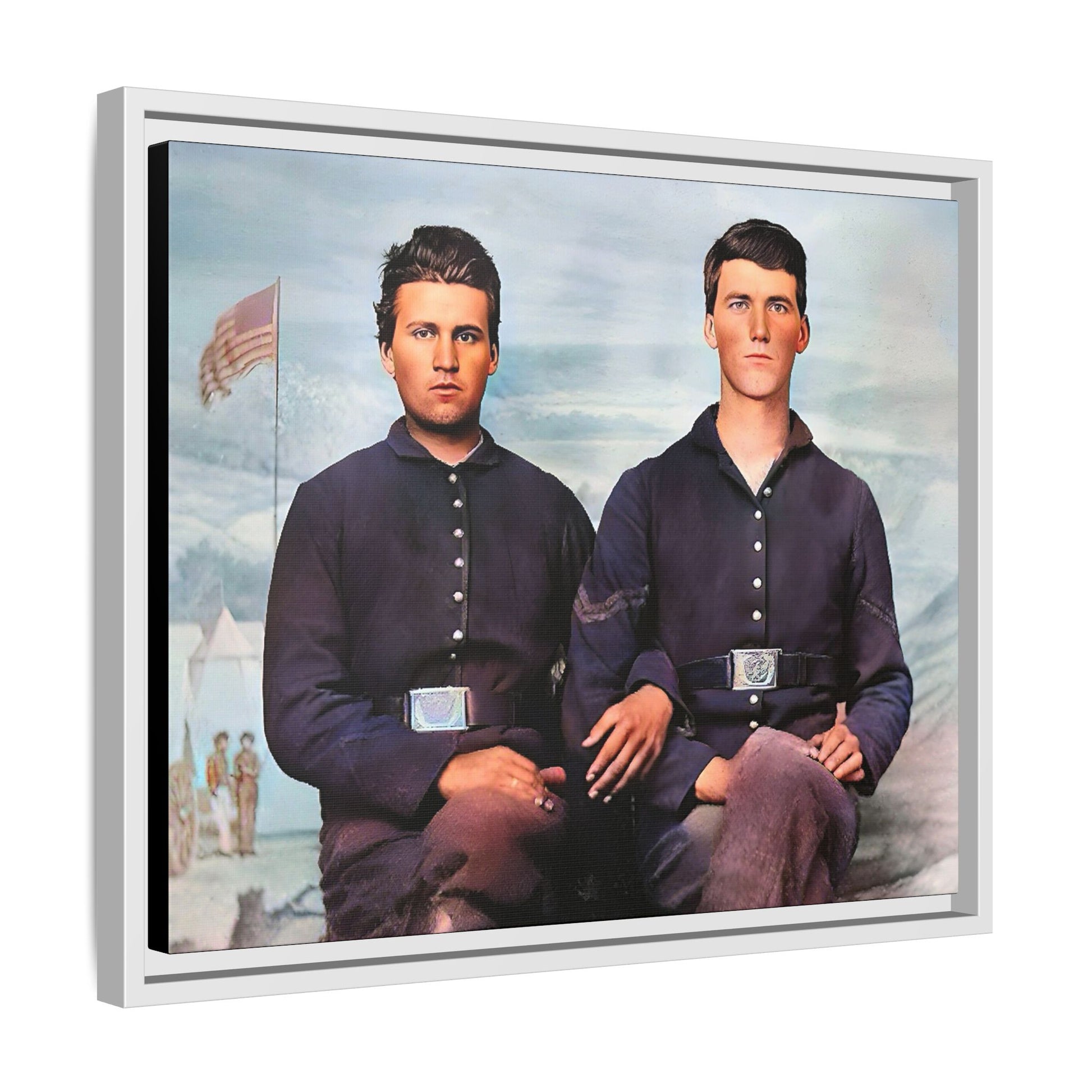 A framed vintage Civil War photo on matte canvas featuring two Union soldiers at Camp Curtin, honoring military history. Gay Couple