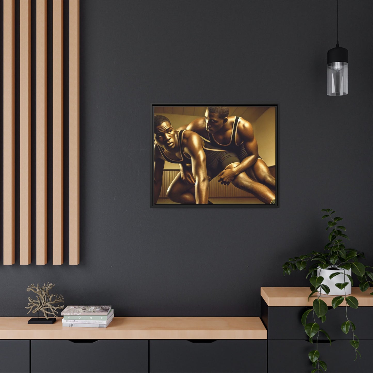 Framed artwork inspired by Grant Wood, showcasing African-American wrestlers in a vintage gymnasium setting. A powerful tribute to teamwork, resilience, and regionalist art.