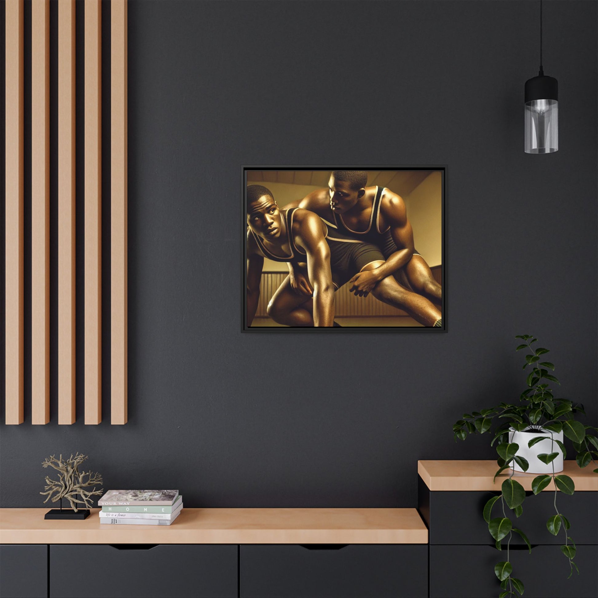Framed artwork inspired by Grant Wood, showcasing African-American wrestlers in a vintage gymnasium setting. A powerful tribute to teamwork, resilience, and regionalist art.