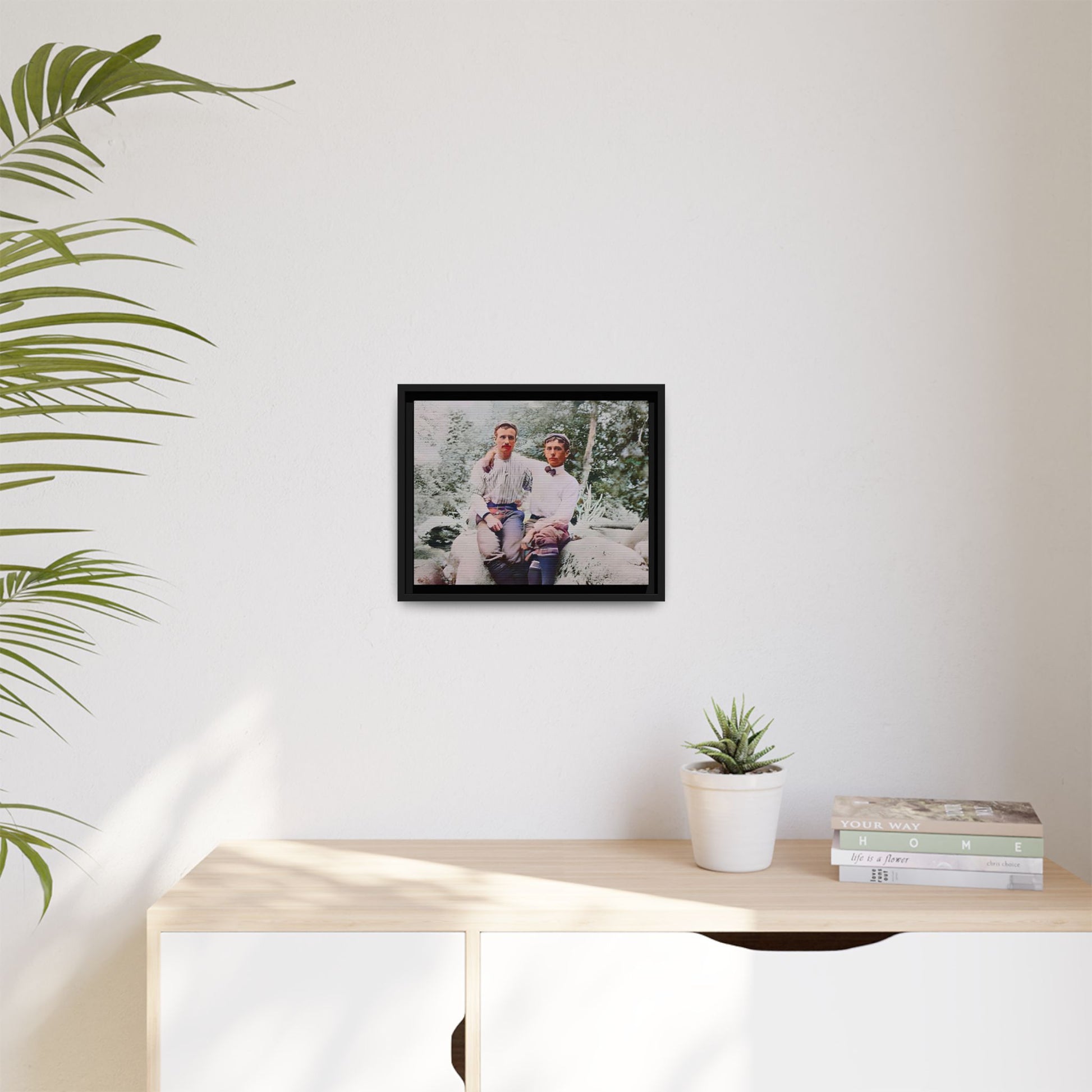 A framed vintage love portrait on matte canvas featuring Grover and Emil in Villamont, Virginia, capturing timeless LGBTQ+ connection and companionship. Gay Couple